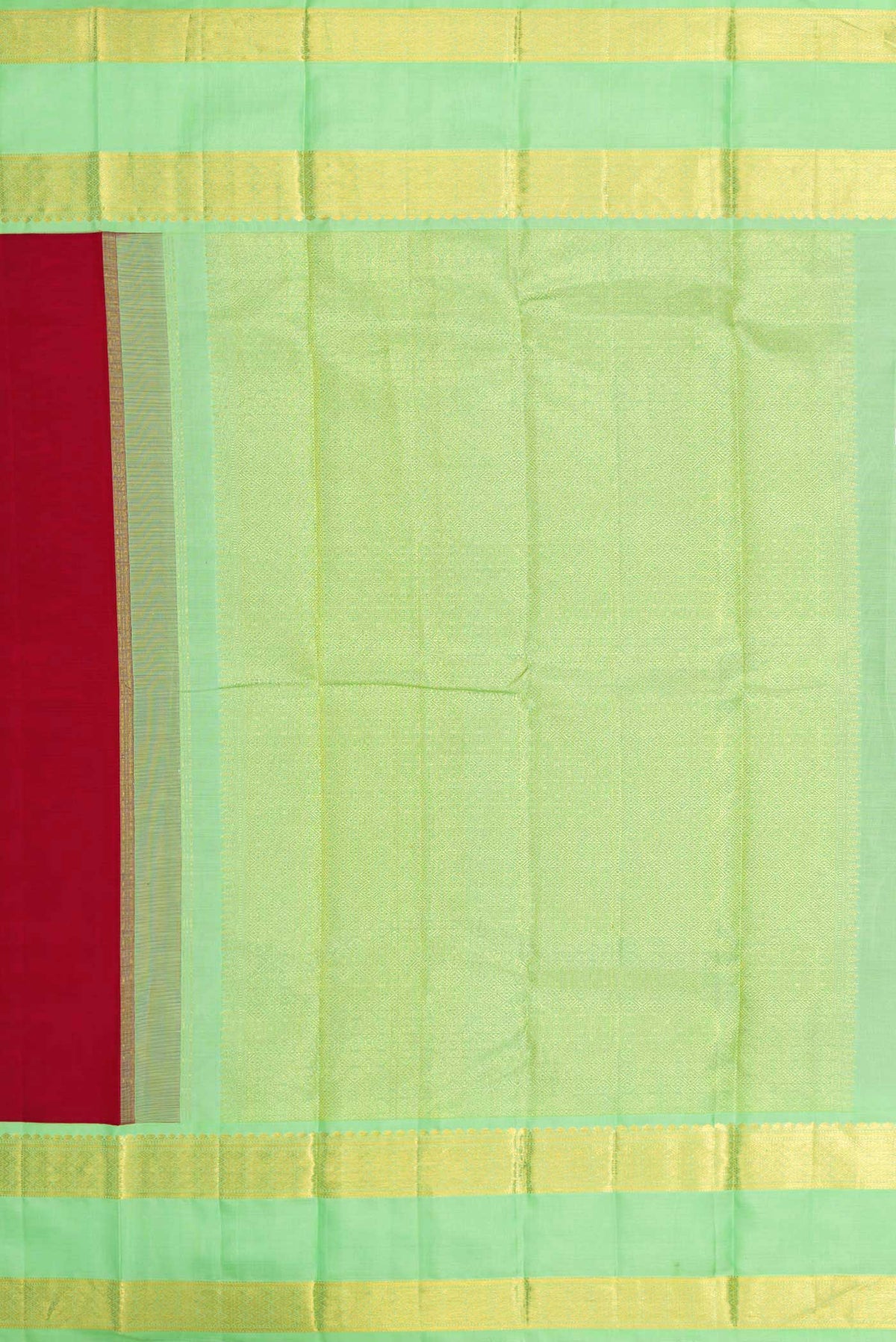 Close up image of the pallu of Red Dual Tone Kanchipuram Silk Saree with Plain Body and Zari Border