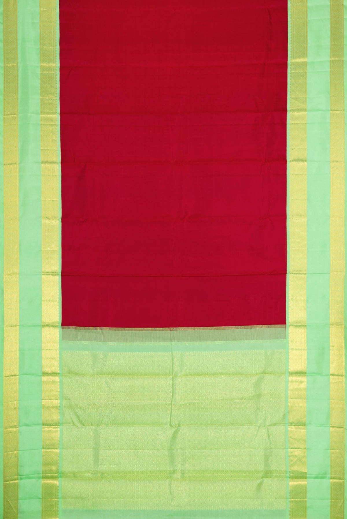 Flat view of Red Dual Tone Kanchipuram Silk Saree with Plain Body and Zari Border
