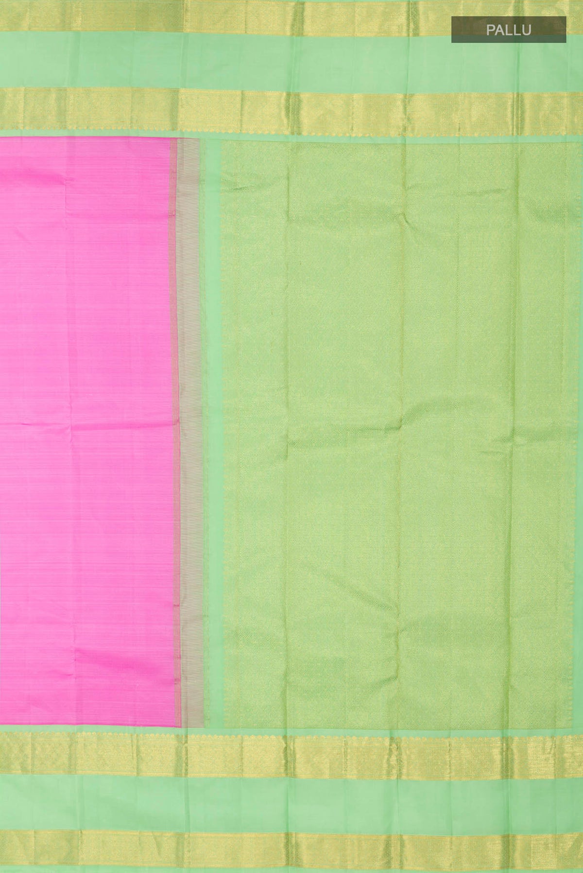 Close up image of the pallu of Pink Kanchipuram Silk Saree with Plain Body and Zari Border