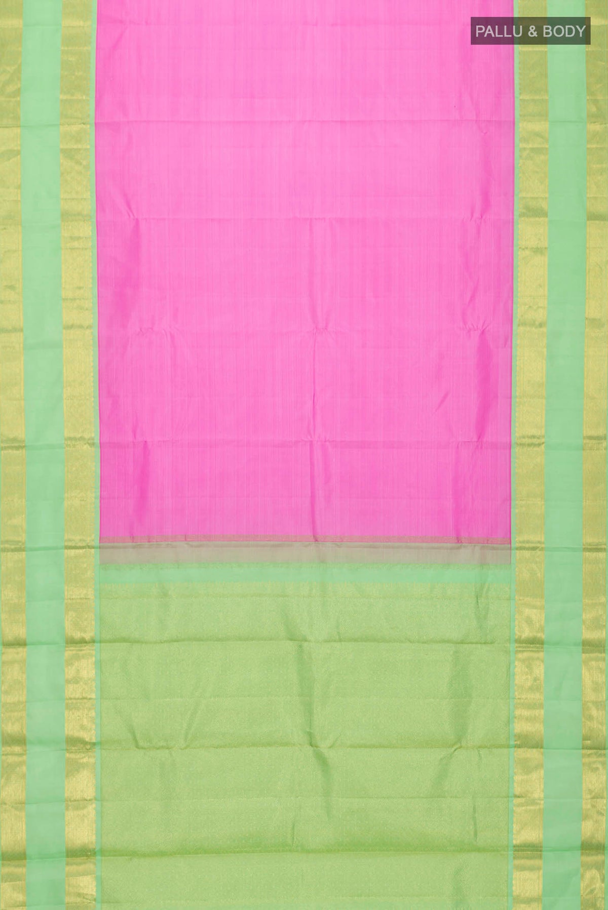 Flat view of Pink Kanchipuram Silk Saree with Plain Body and Zari Border