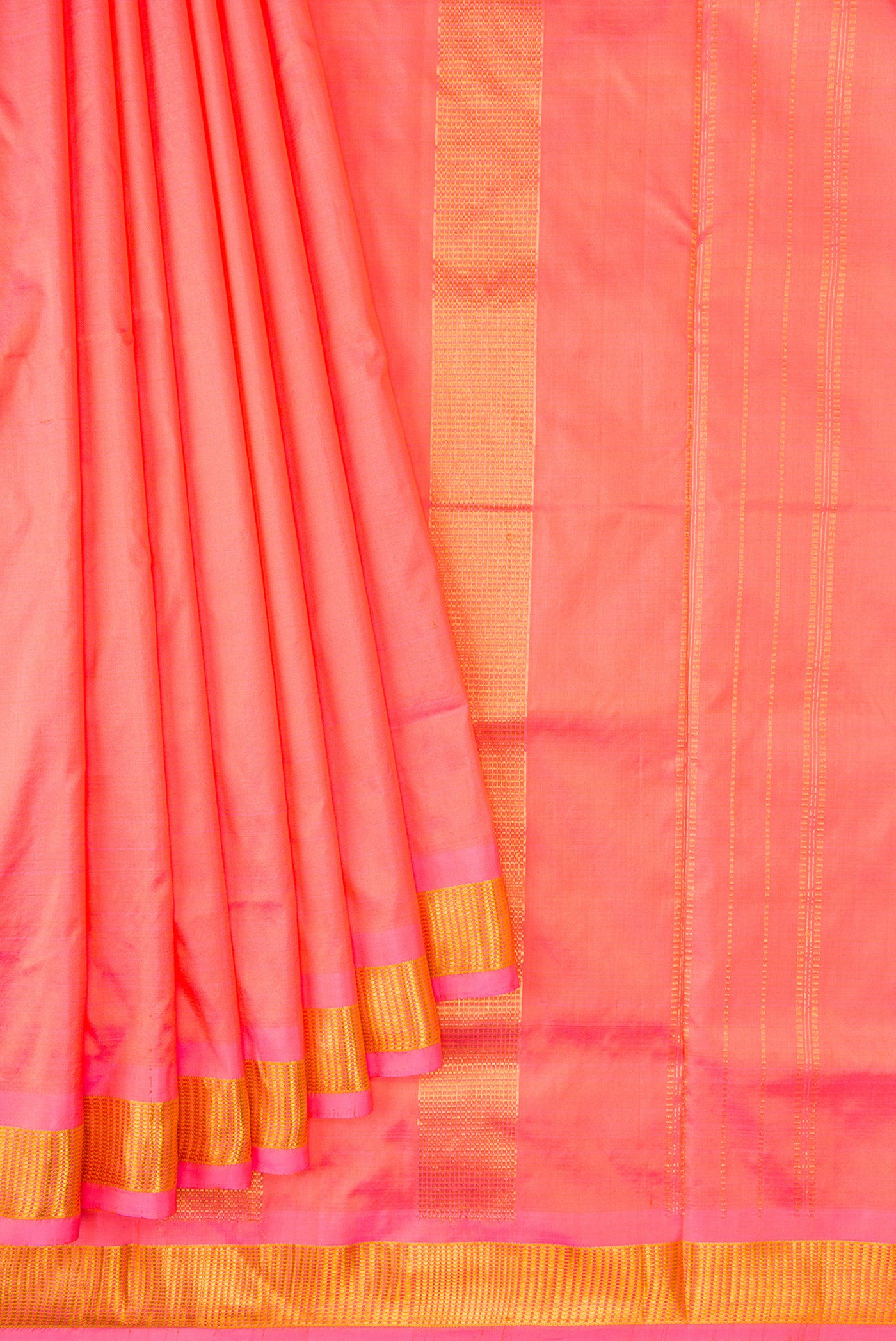 Pleats and pallu of Coral Dual Tone Kanjivaram Silk Nine Yards Saree with Plain Body and Zari Border. 