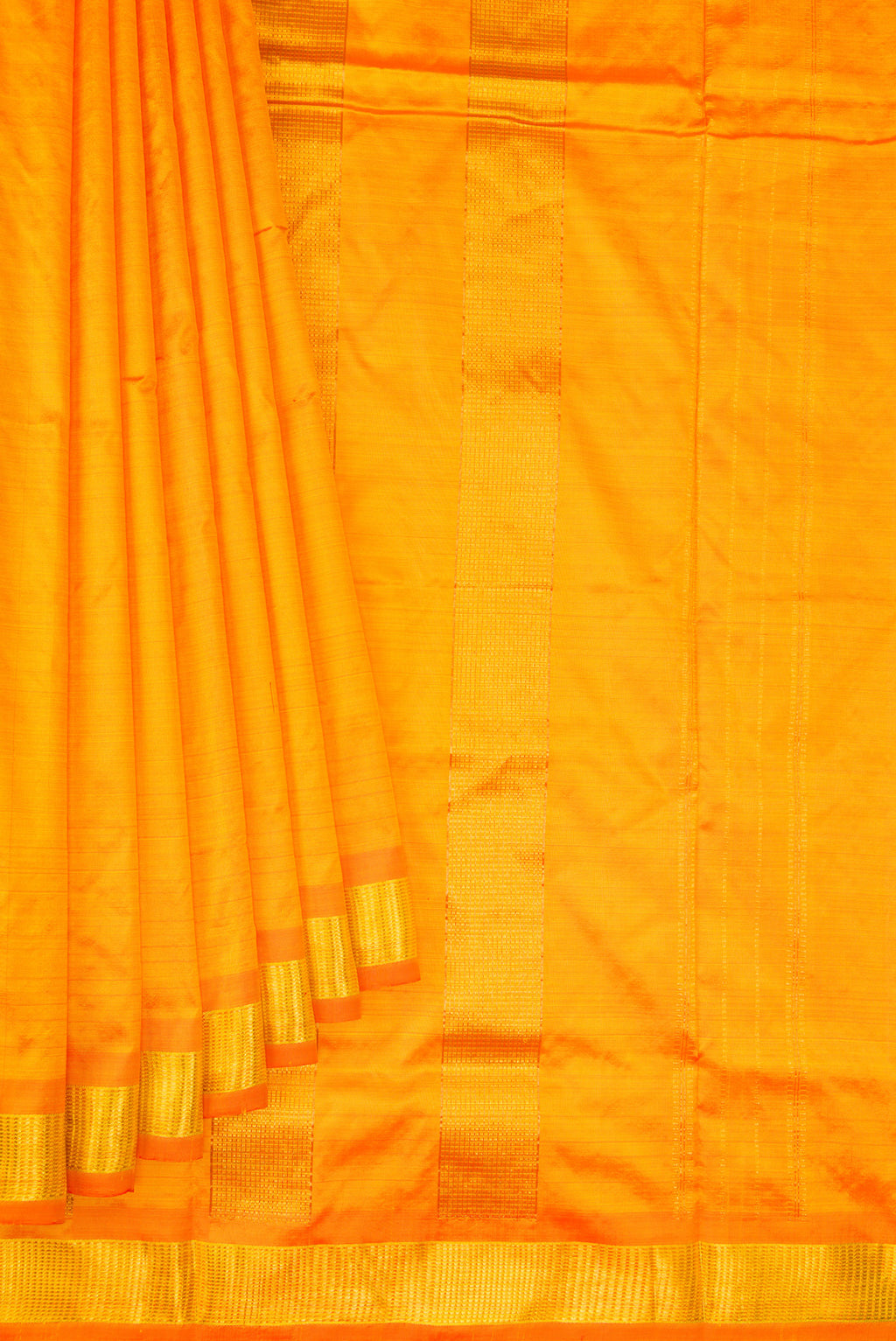 Pleats and pallu of Mustard Kanjivaram Silk Nine Yards Saree with Plain Body and Zari Border. 