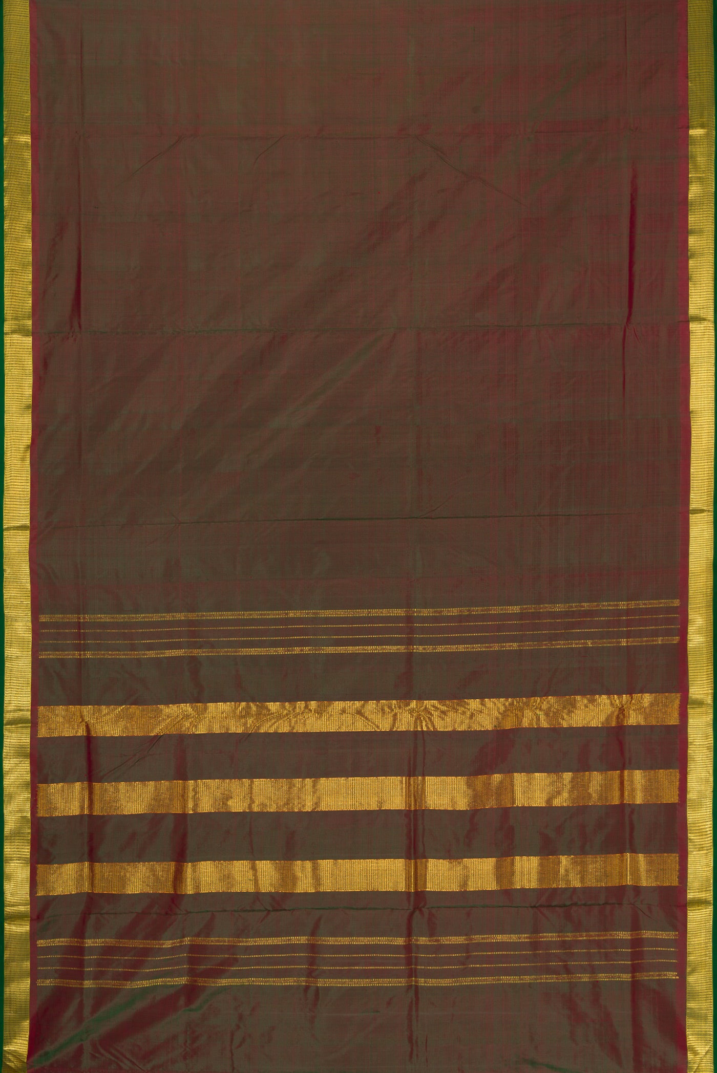 Flat view of Bottle Green Dual Tone Kanchipuram Silk Nine Yards Saree with Plain Body and Zari Border. 