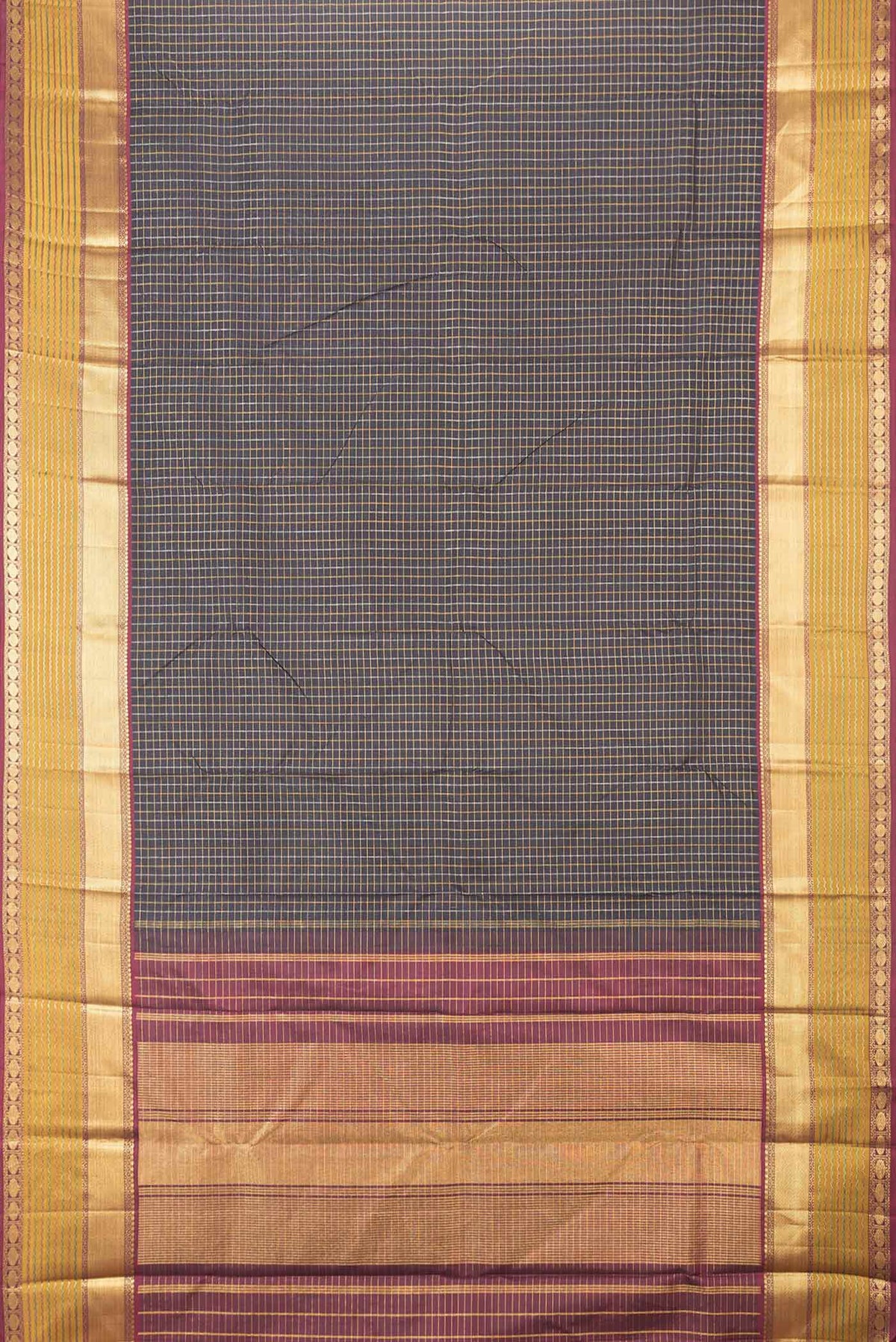 Flat view of Black Dual Tone Kanchipuram Saree with Checked design on the body and Zari Border