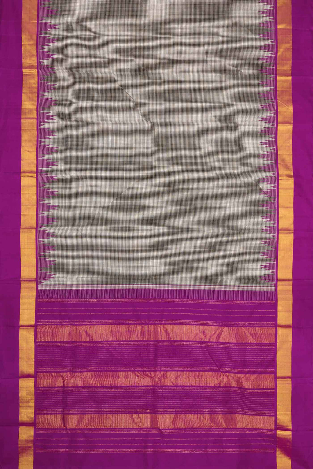 Flat view of Off White Dual Tone Kanchipuram Silk Saree with Plain Body and Temple Border. 