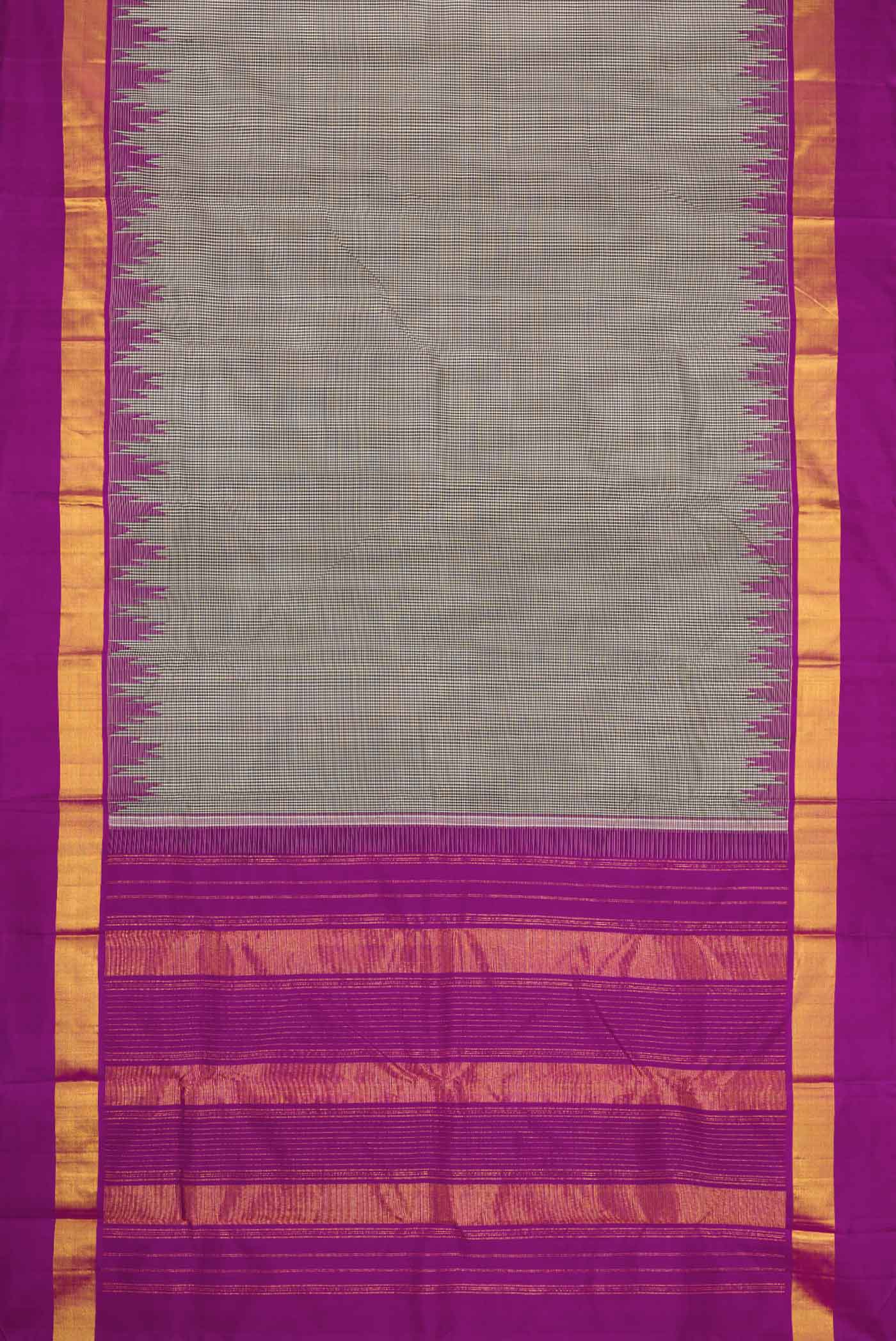 Flat view of Off White Dual Tone Kanchipuram Silk Saree with Plain Body and Temple Border. 