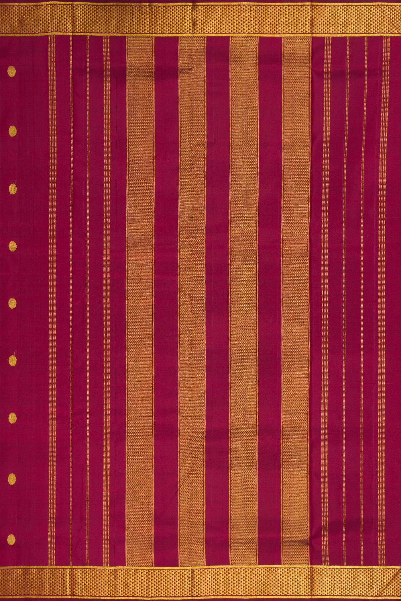 Close up image of the pallu of Pure Silk Pure Zari Burgundy Dual Tone Kanjivaram Nine Yards Saree with Zari Butta on the body and Zari Border. 