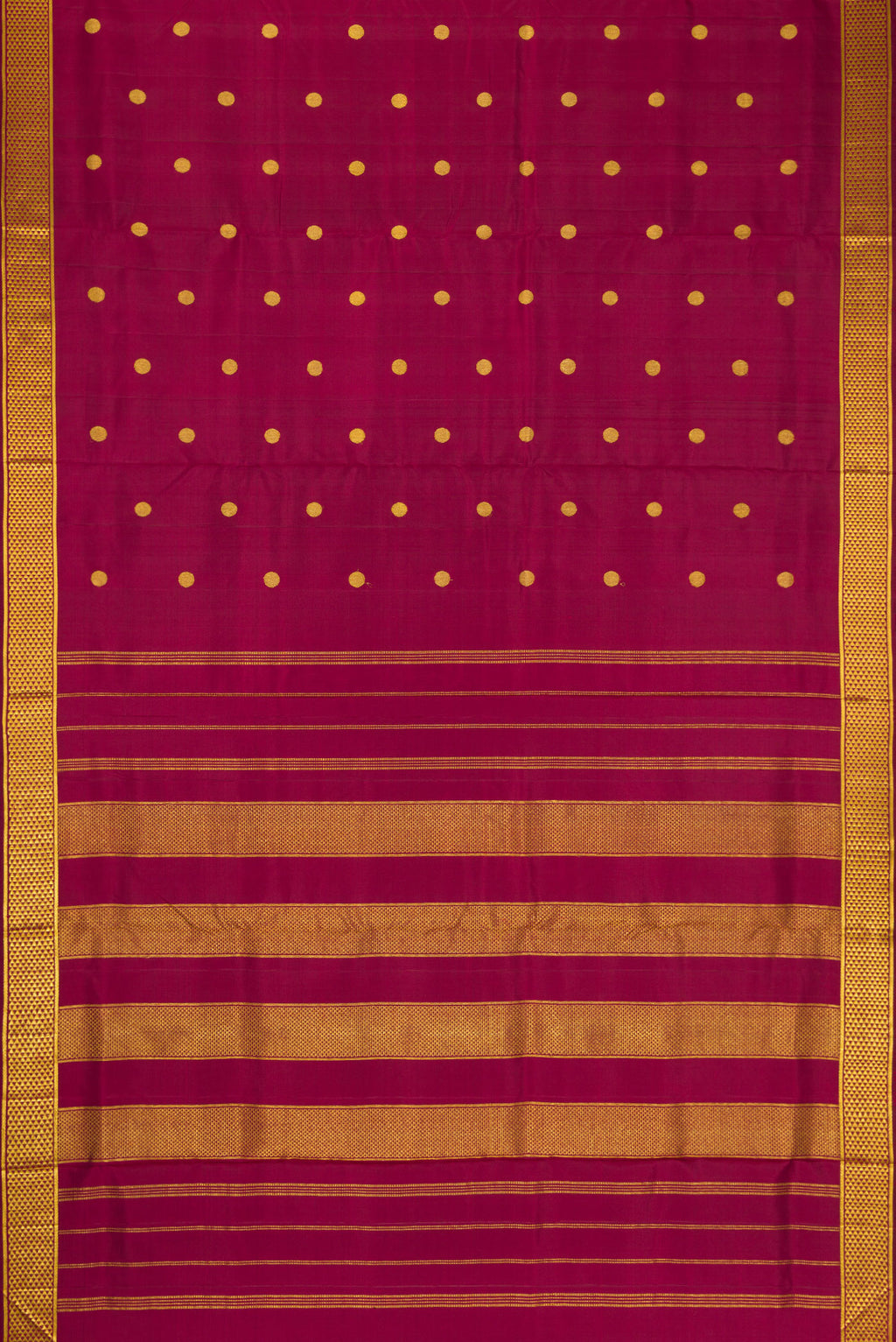 Flat view of Pure Silk Pure Zari Burgundy Dual Tone Kanjivaram Nine Yards Saree with Zari Butta on the body and Zari Border. 