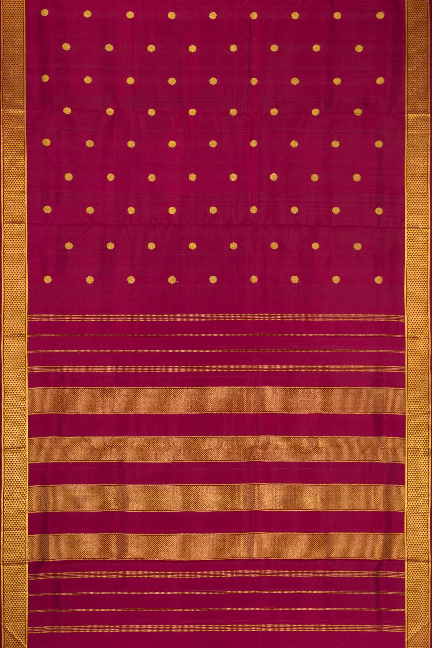 Flat view of Pure Silk Pure Zari Burgundy Dual Tone Kanjivaram Nine Yards Saree with Zari Butta on the body and Zari Border. 