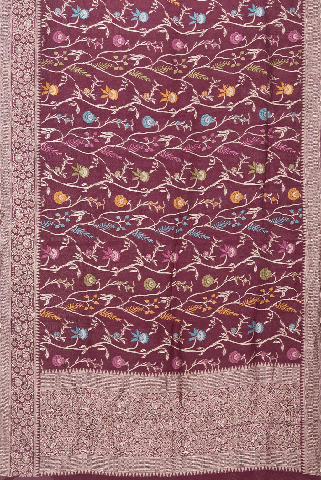 Flat view of Burgundy Blended Banarasi Silk Saree with Zari Brocade on the body and Zari Border. 