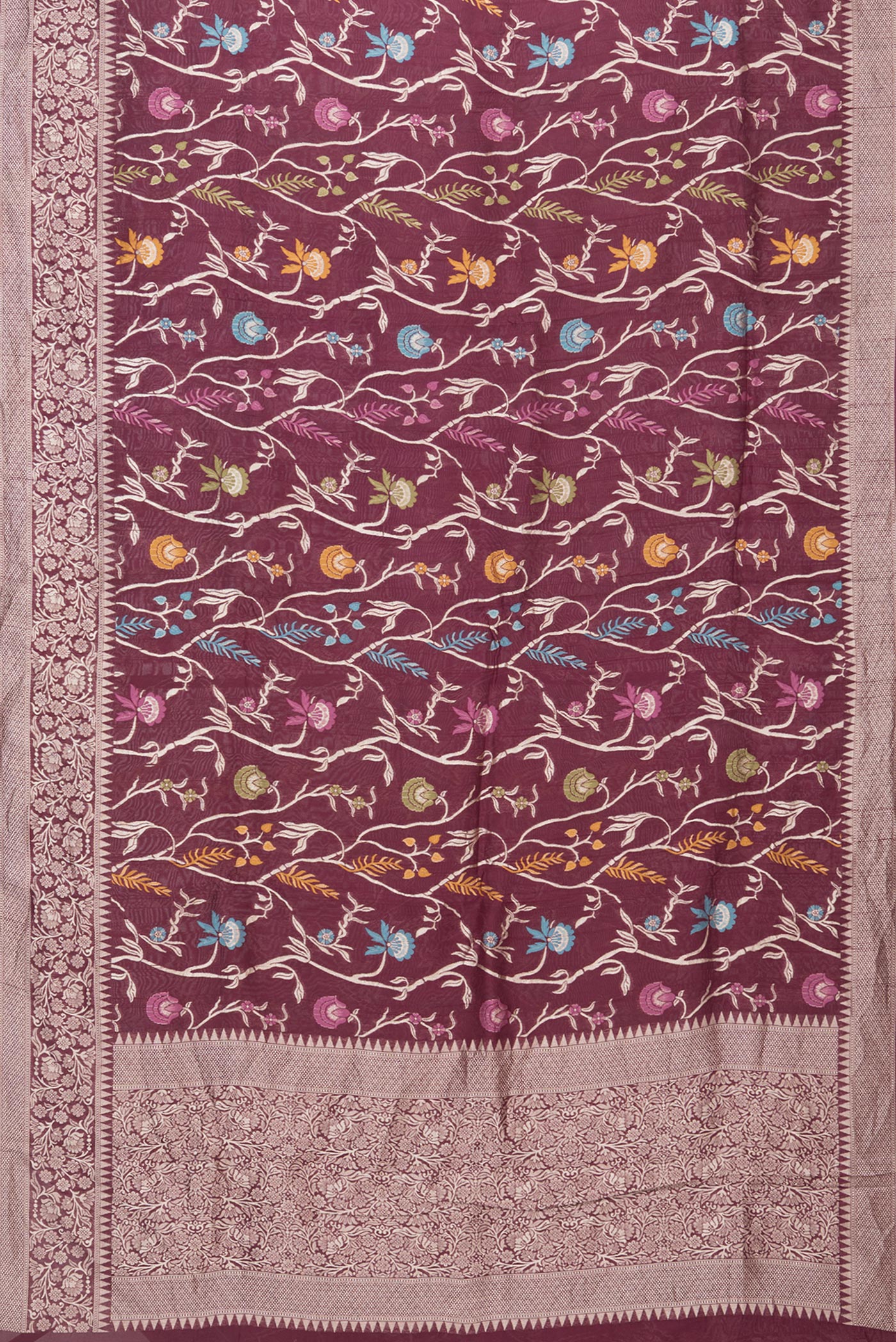 Flat view of Burgundy Blended Banarasi Silk Saree with Zari Brocade on the body and Zari Border. 