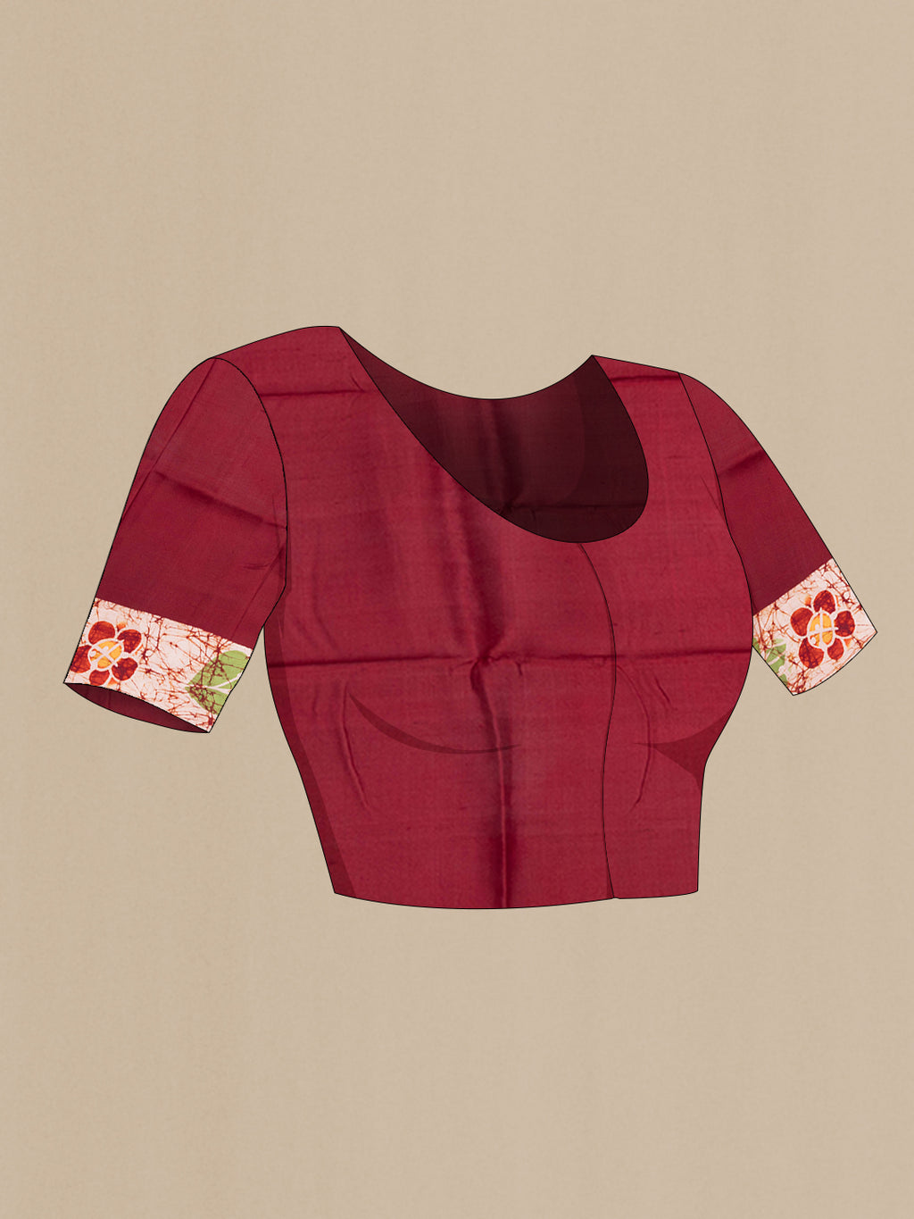 Close up image of the blouse of Peach Dual Tone Printed Silk Saree with Batik Print on the body and Printed Border. 