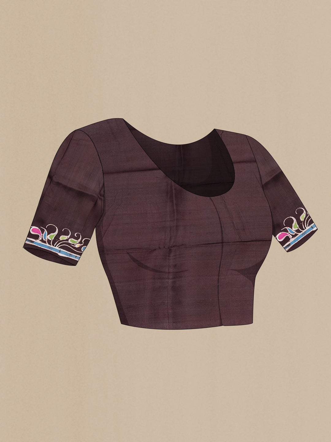 Close up image of the blouse of Coffee Brown Printed Silk Saree with Printed design on the body and Fancy Border. 