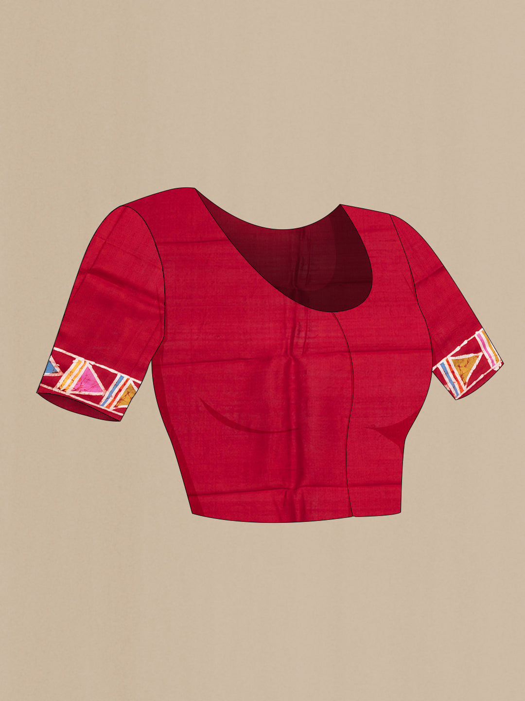 Close up image of the blouse of Maroon Printed Silk Saree with Batik Print on the body and Printed Border. 
