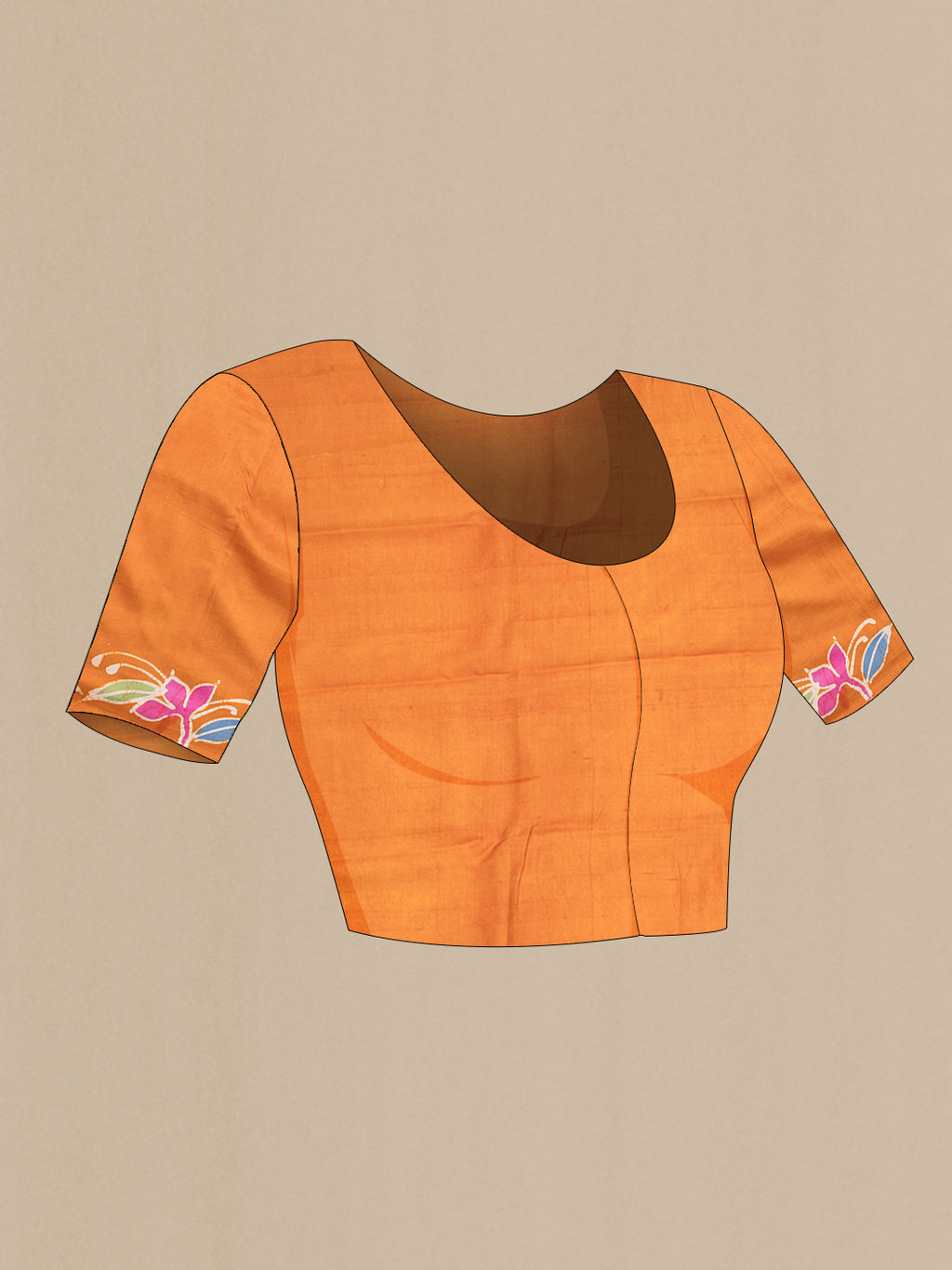 Close up image of the blouse of Mustard Printed Silk Saree with Printed design on the body and Fancy Border. 