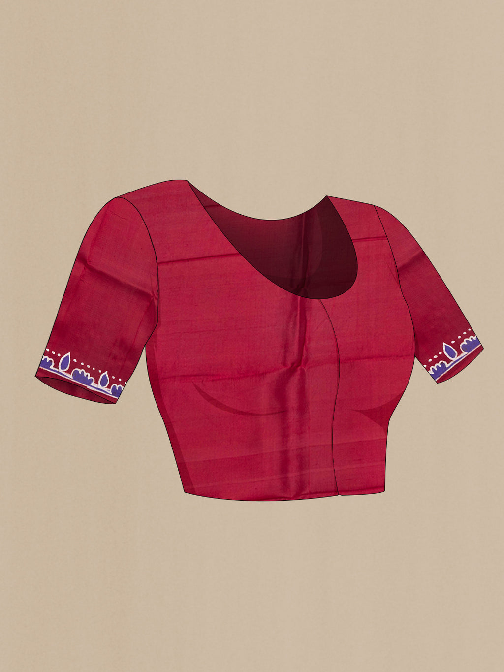 Close up image of the blouse of Maroon Printed Silk Saree with Plain Body and Fancy Border. 