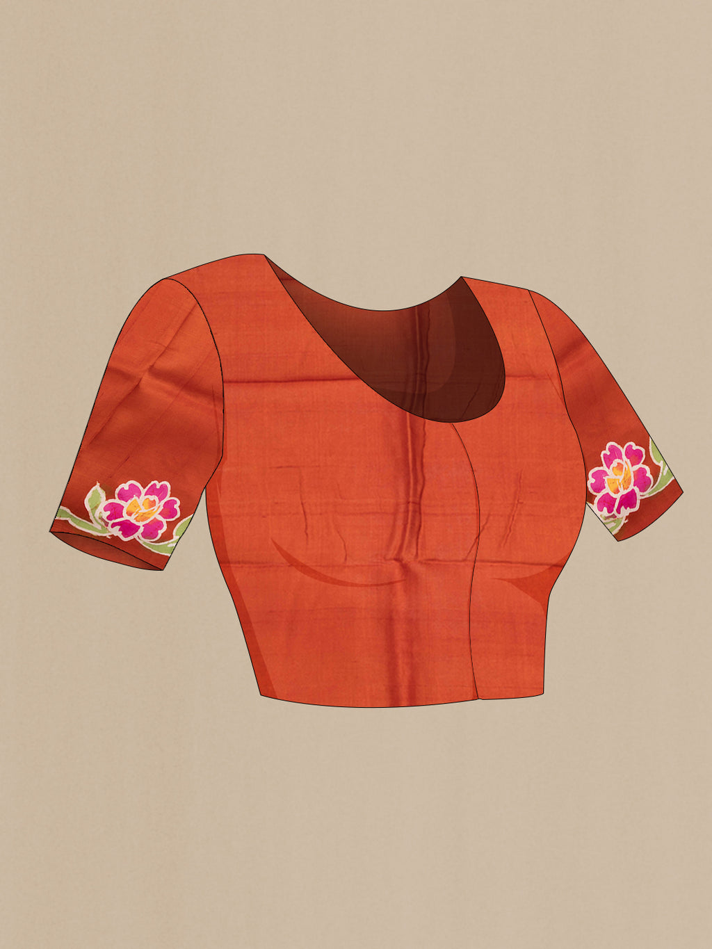 Close up image of the blouse of Rust Printed Silk Saree with Printed design on the body and Fancy Border. 