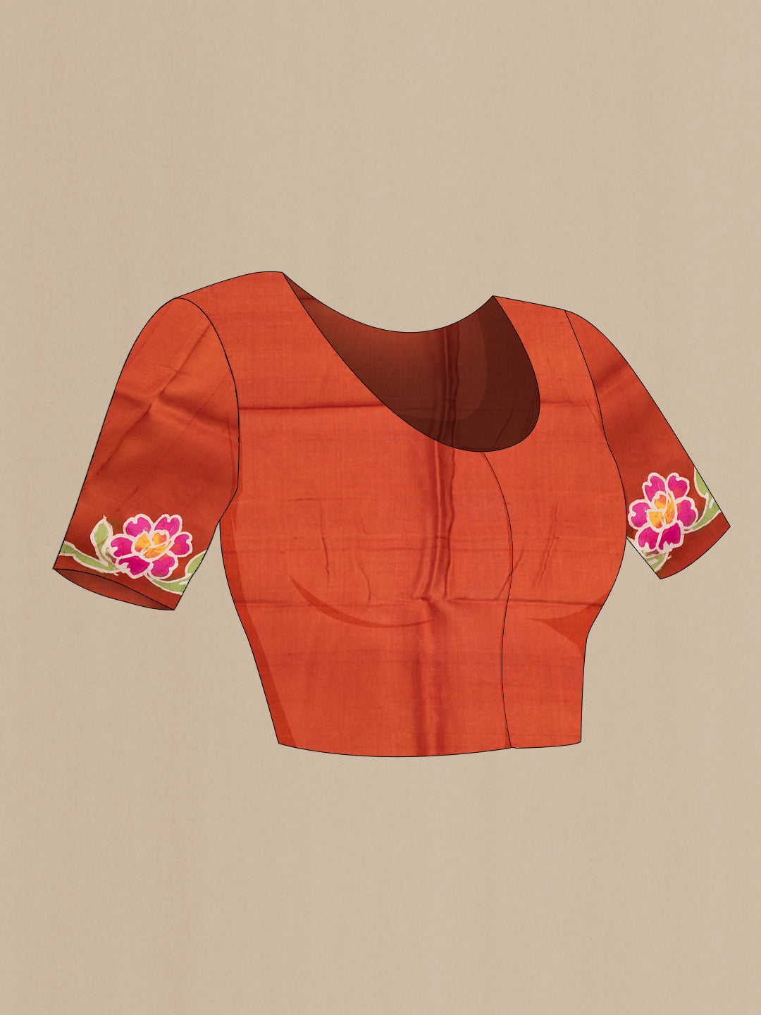 Close up image of the blouse of Rust Printed Silk Saree with Printed design on the body and Fancy Border. 