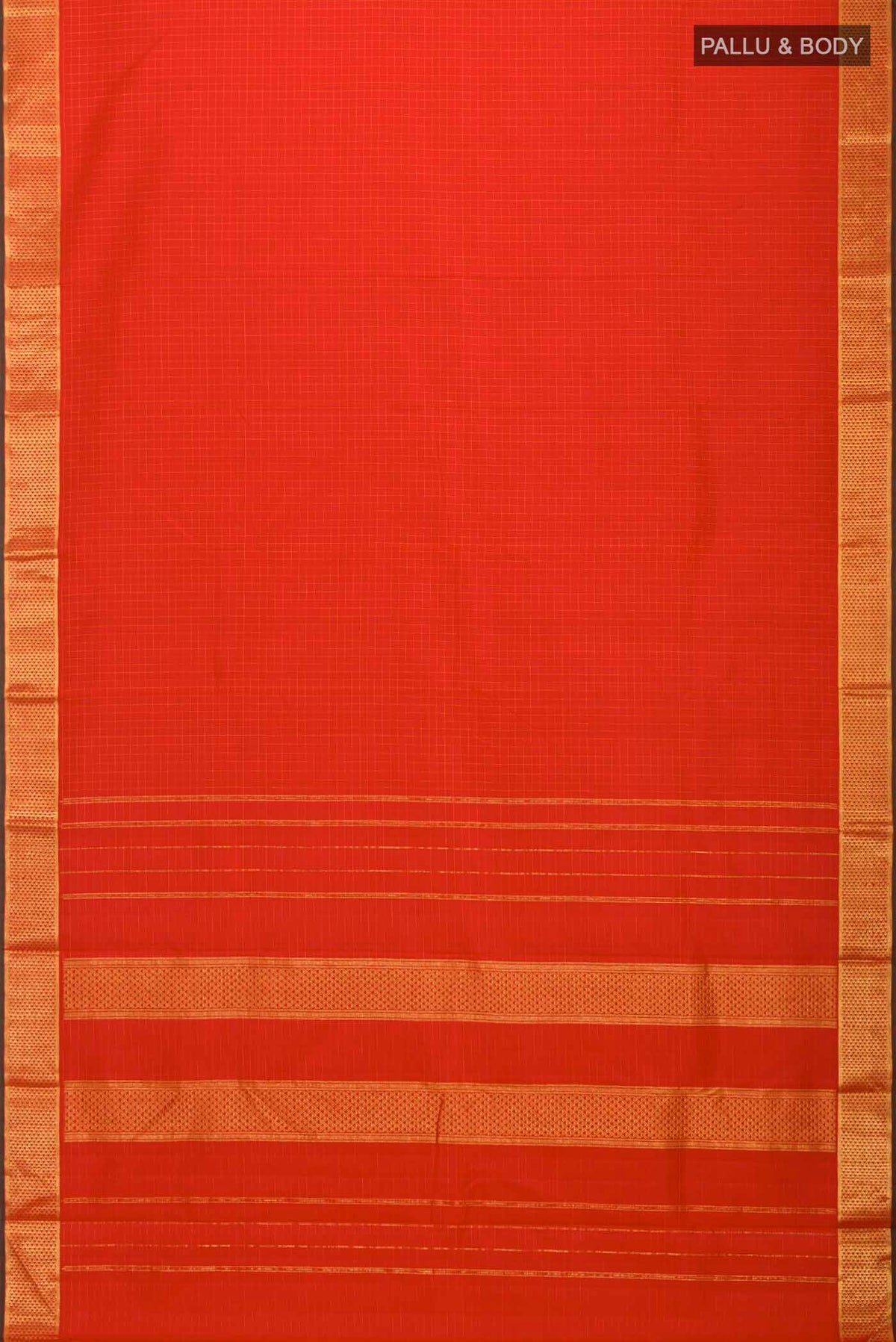 Flat view of Red Kanchipuram Silk Saree Checked design on the body and Zari Border