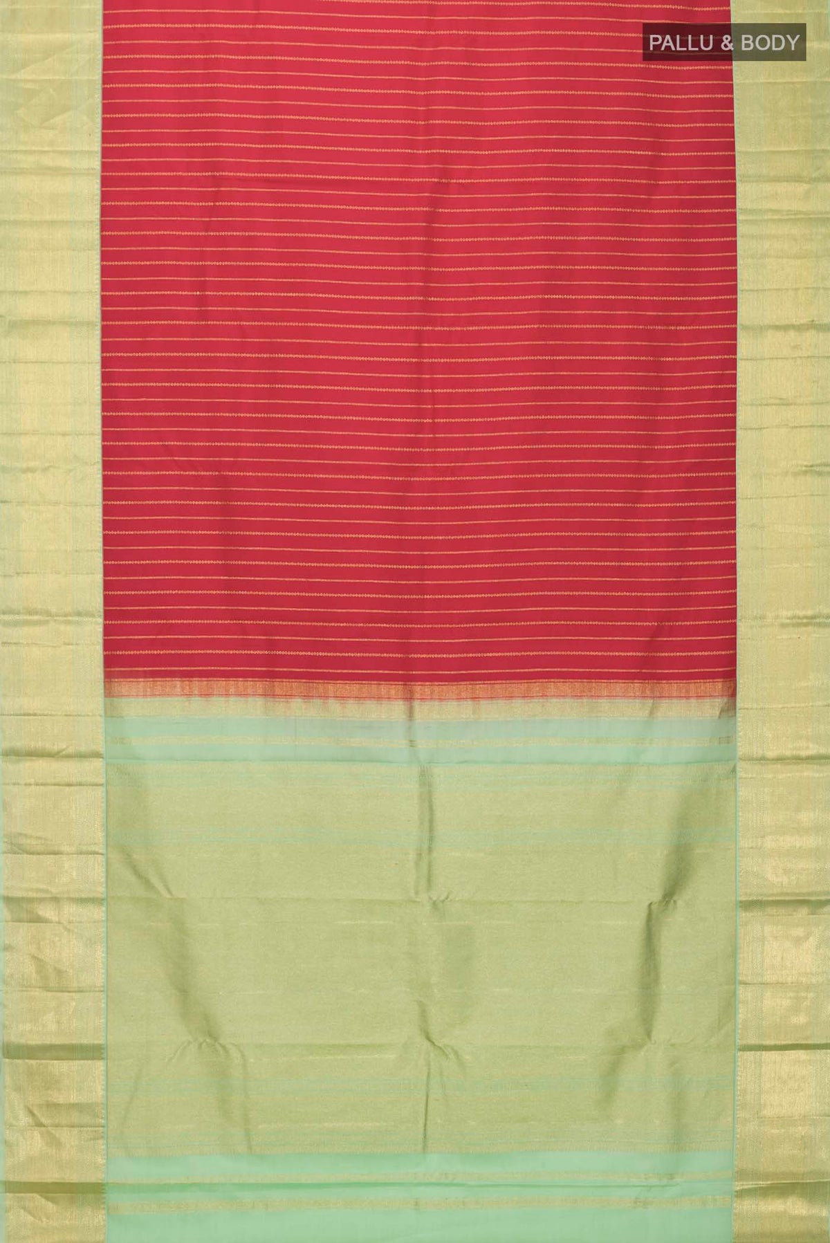 Flat view of Red Kanchipuram Silk Saree with Stripes on the body and Zari Border