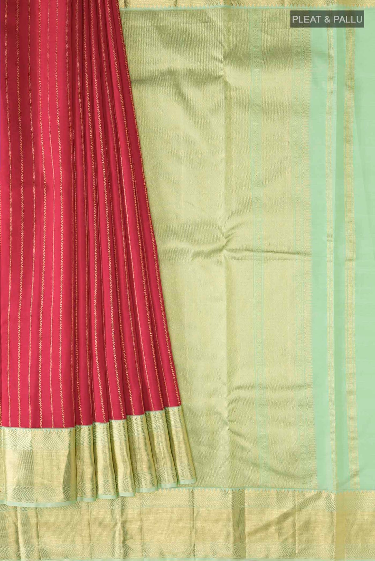 Pleats and pallu of Red Kanchipuram Silk Saree with Stripes on the body and Zari Border