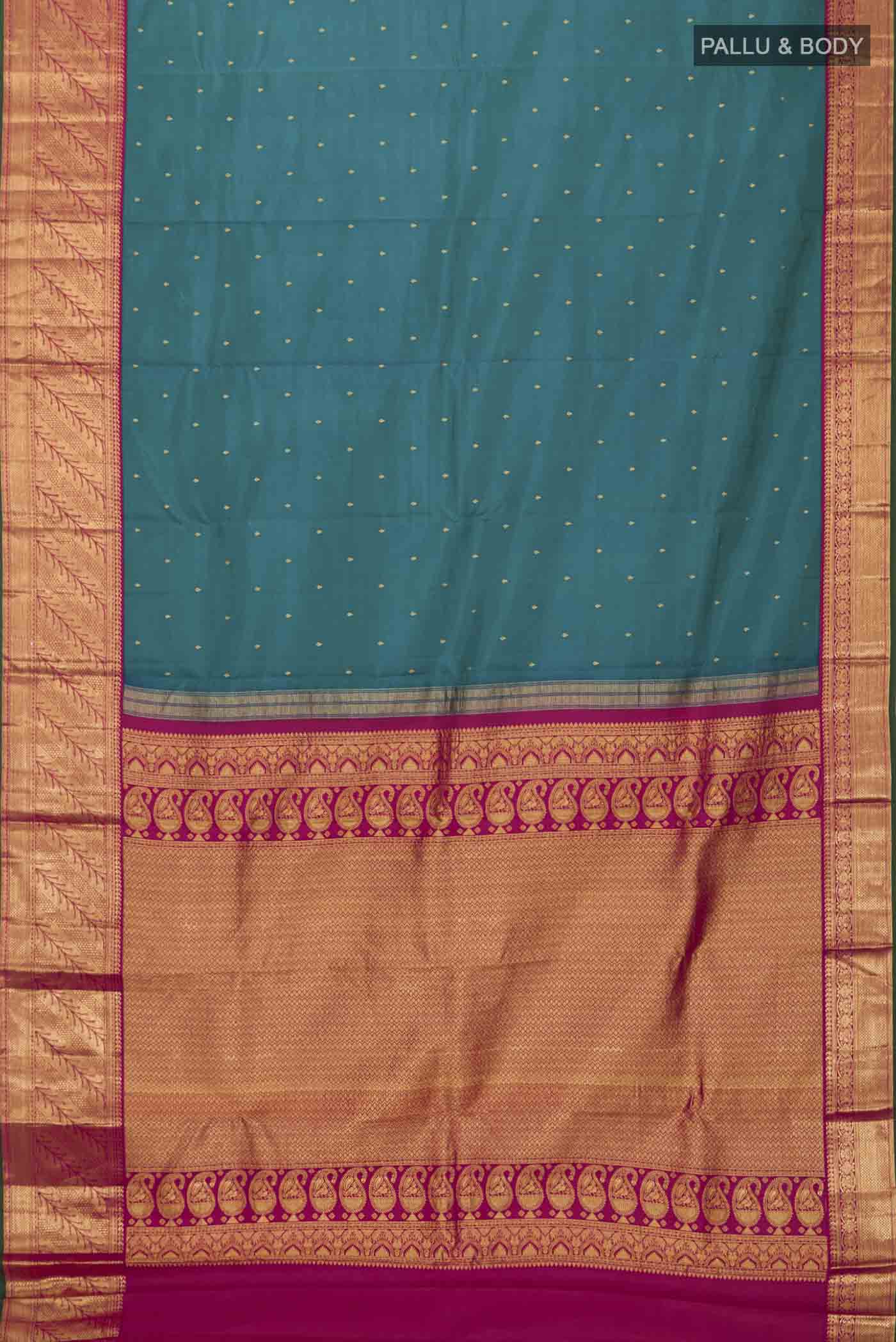 Flat view of Blue Kanchipuram Silk Saree with Zari Butta on the body and Zari Border