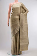Sage Green Kanchipuram Silk Saree with Stripes on the body and Without Border displayed on a mannequin