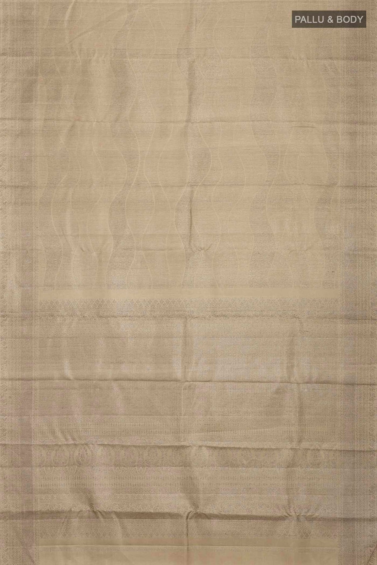 Flat view of Sage Green Kanchipuram Silk Saree with Stripes on the body and Without Border