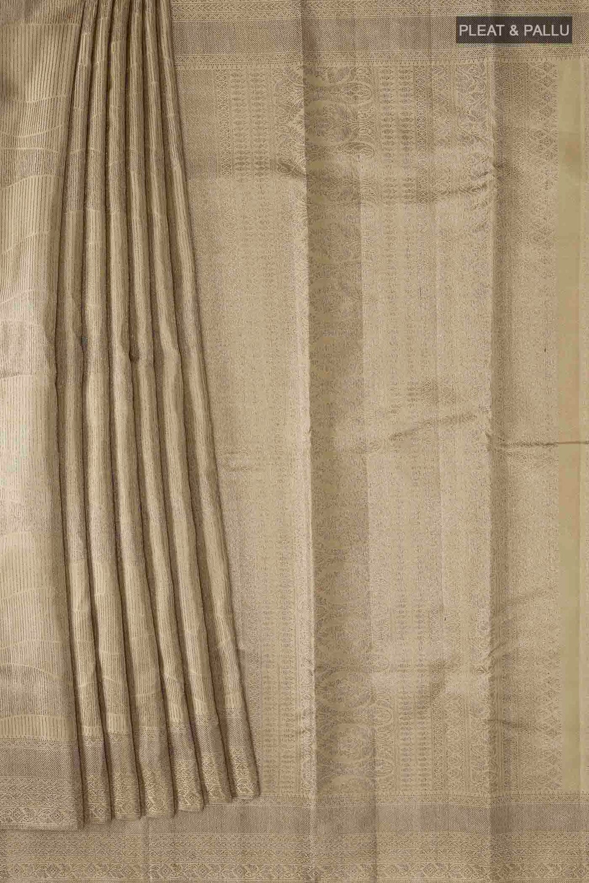 Pleats and pallu of Sage Green Kanchipuram Silk Saree with Stripes on the body and Without Border