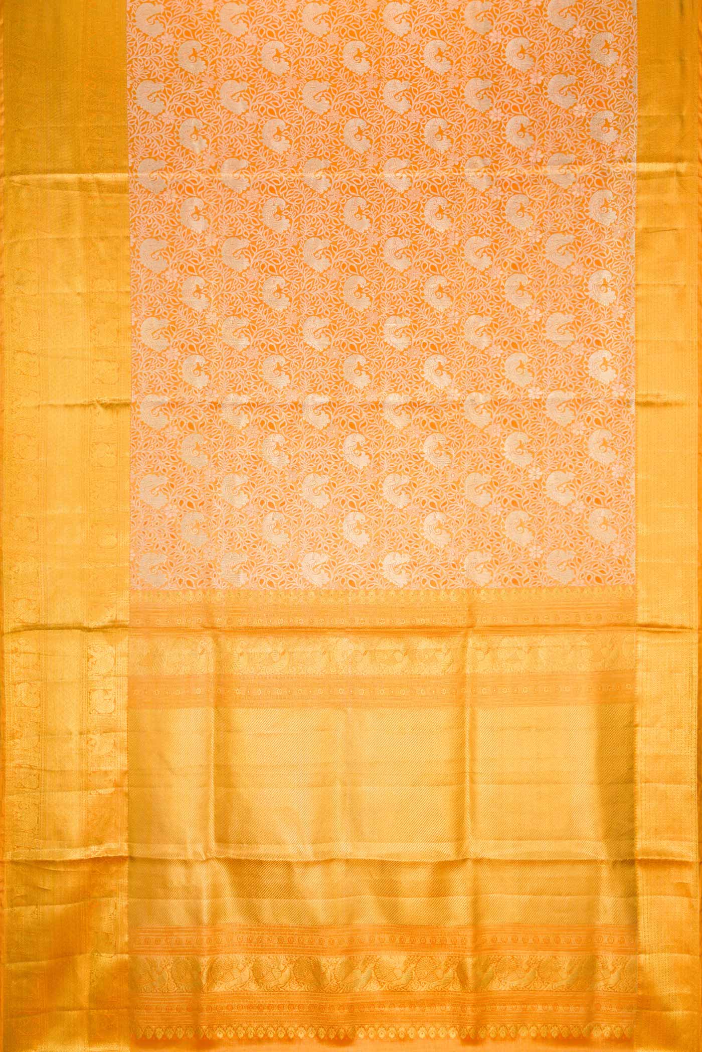Flat view of Gold Dual Tone Kanchipuram Tissue Silk Saree with Zari Brocade on the body and Zari Border