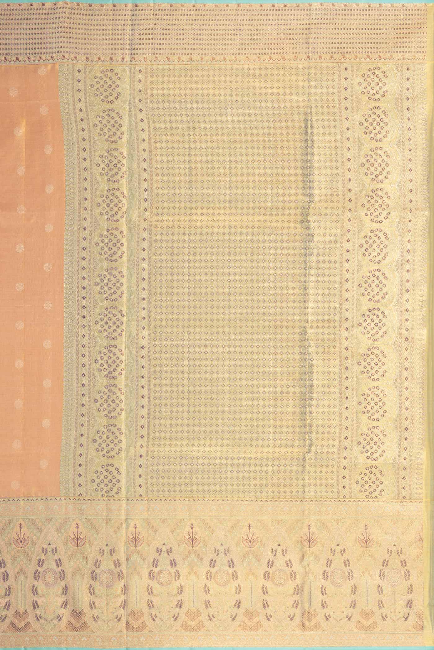 Close up image of the pallu of Peach Dual Tone Kanchipuram Tissue Silk Saree with Zari Brocade on the body and Zari Border