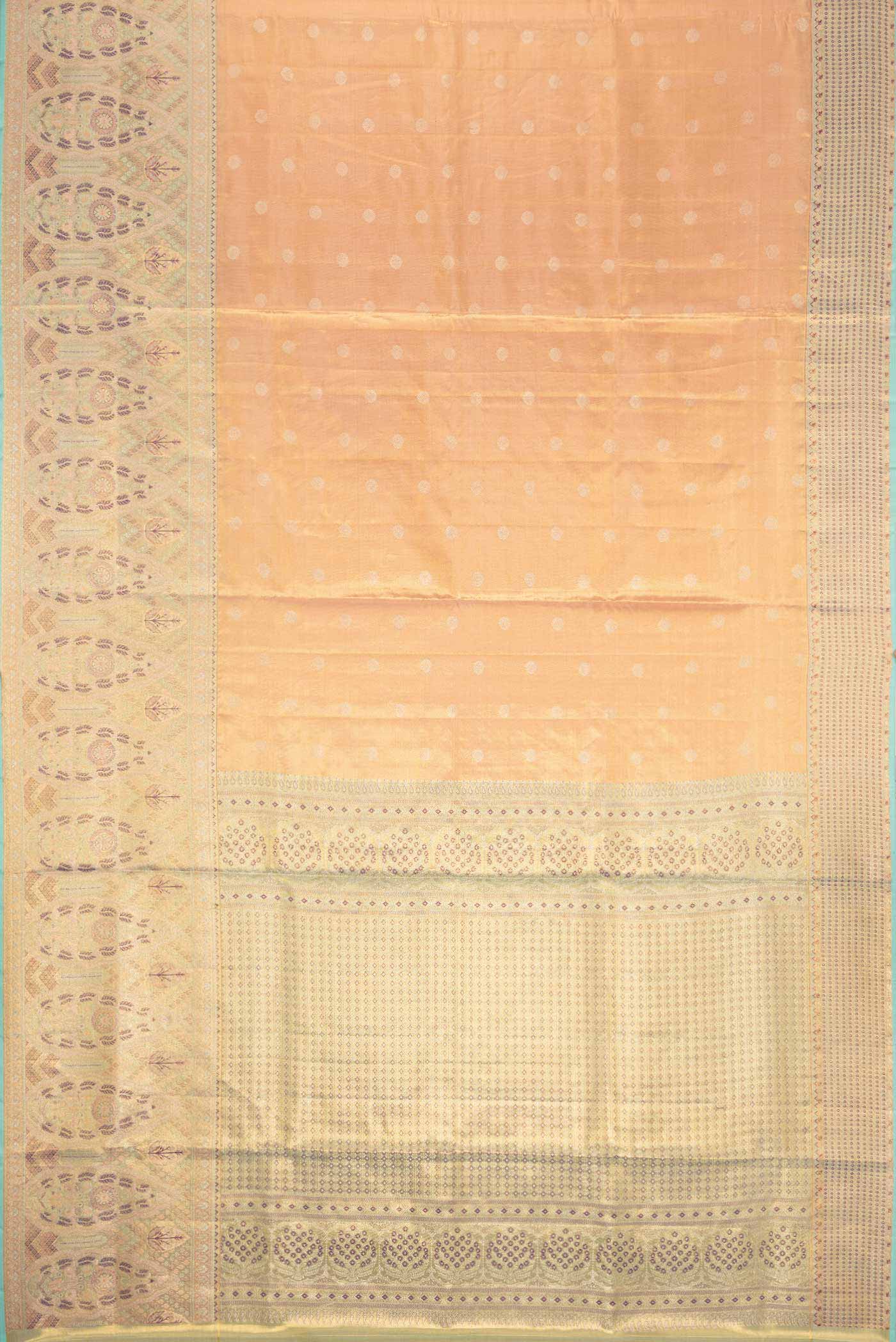 Flat view of Peach Dual Tone Kanchipuram Tissue Silk Saree with Zari Brocade on the body and Zari Border