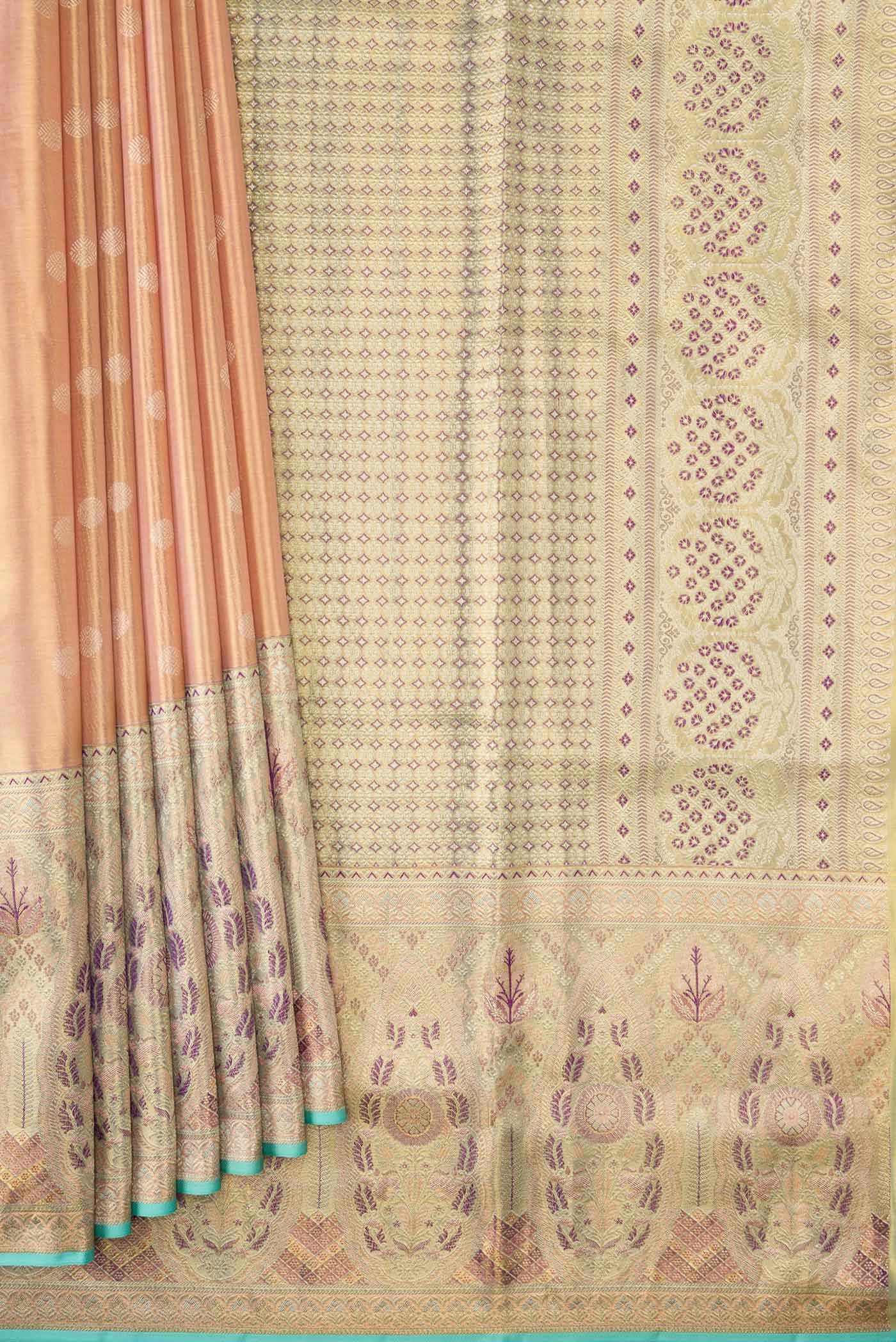 Pleats and pallu of Peach Dual Tone Kanchipuram Tissue Silk Saree with Zari Brocade on the body and Zari Border