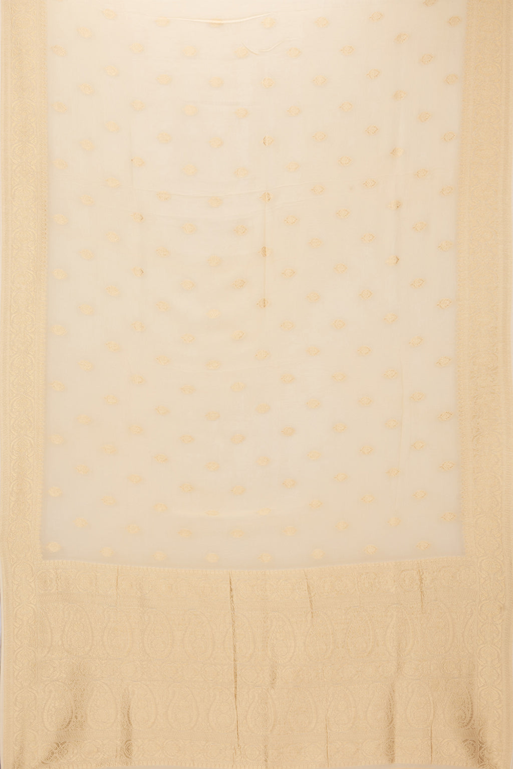 Flat view of Sandal Blended Banarasi Georgette Saree with Zari Butta on the body and Zari Border. 