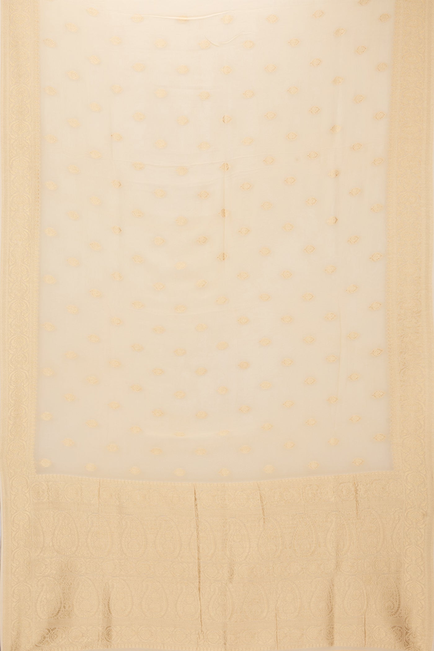 Flat view of Sandal Blended Banarasi Georgette Saree with Zari Butta on the body and Zari Border. 