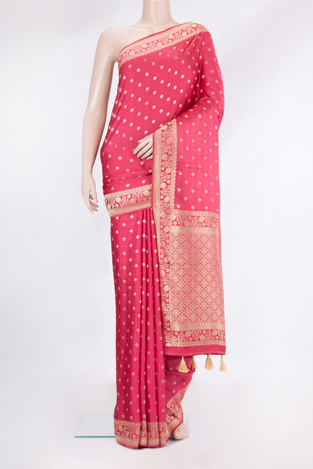 Pink Blended Banarasi Silk Saree with Zari Butta on the body and Zari Border.  displayed on a mannequin