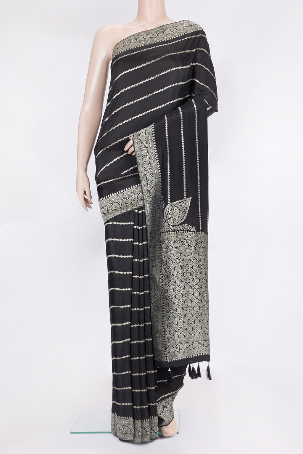 Black Blended Banarasi Silk Saree with Stripes on the body and Fancy Border.  displayed on a mannequin