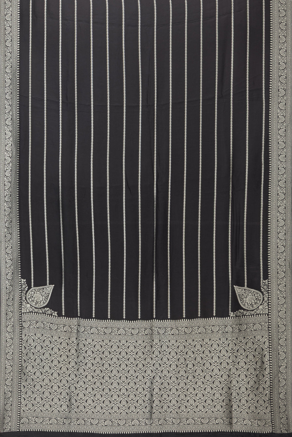 Flat view of Black Blended Banarasi Silk Saree with Stripes on the body and Fancy Border. 