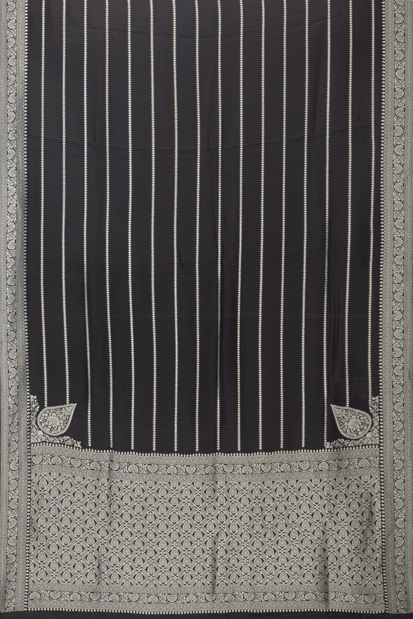 Flat view of Black Blended Banarasi Silk Saree with Stripes on the body and Fancy Border. 