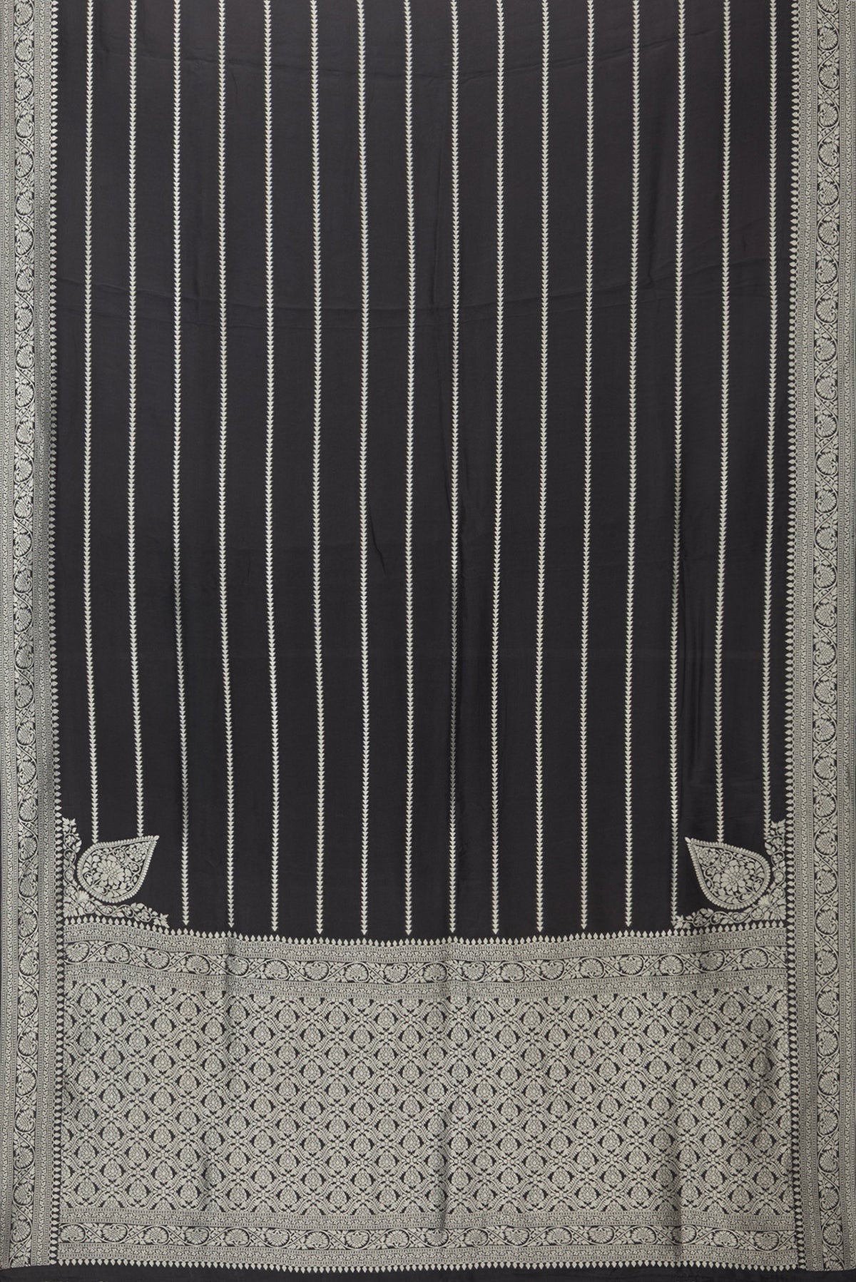 Flat view of Black Blended Banarasi Silk Saree with Stripes on the body and Fancy Border. 