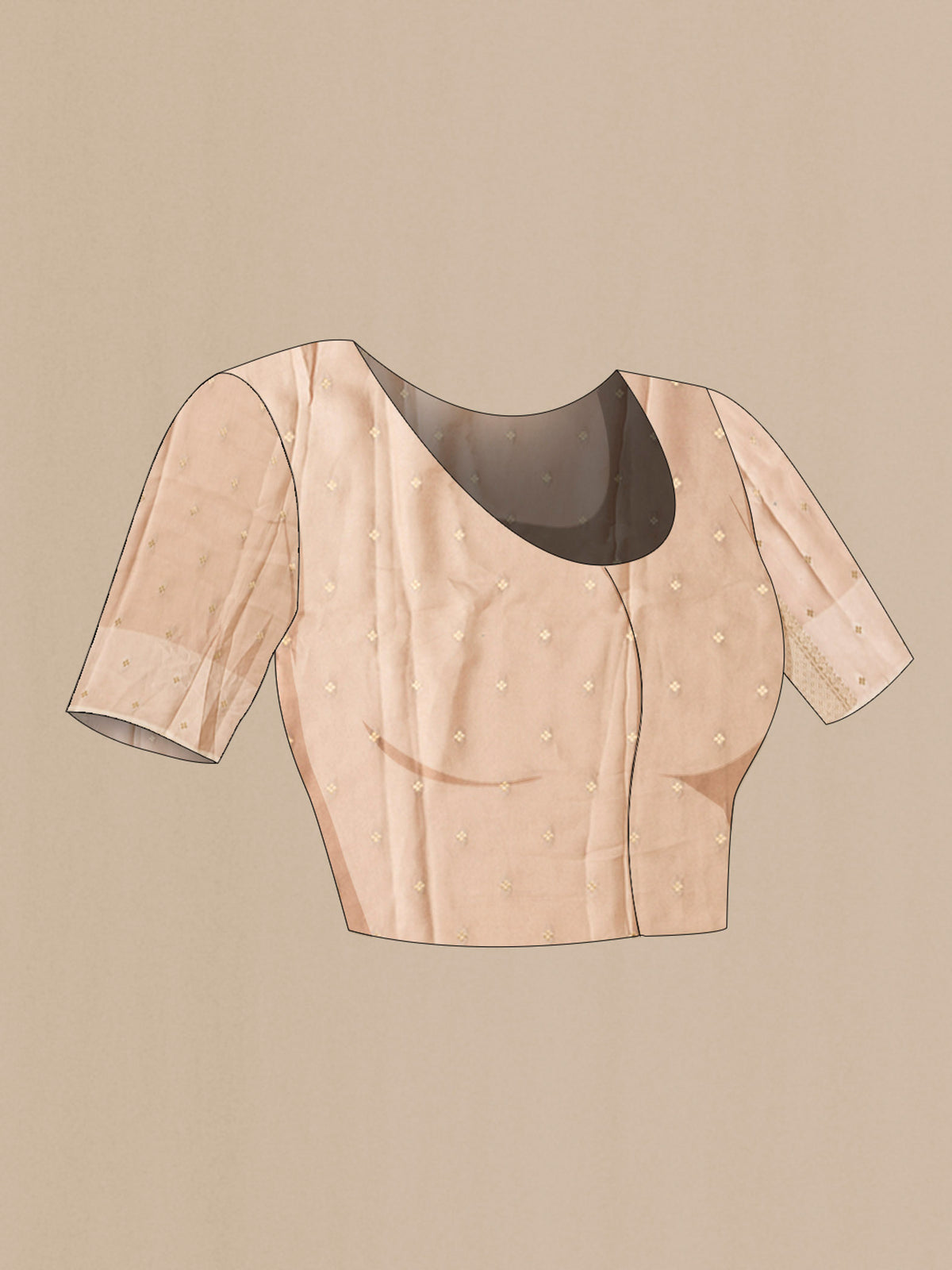 Close up image of the blouse of Beige Blended Satin Silk Saree with Jacquard design on the body and Satin Border