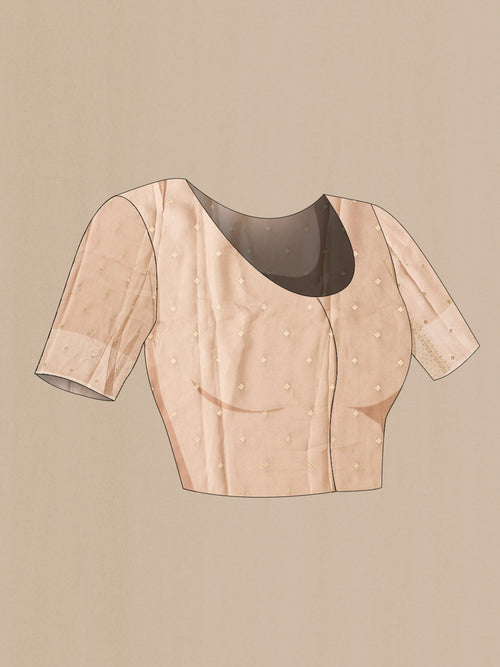 Close up image of the blouse of Beige Blended Satin Silk Saree with Jacquard design on the body and Satin Border