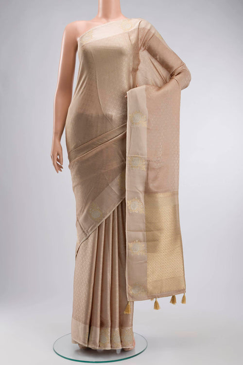 Beige Blended Satin Silk Saree with Jacquard design on the body and Satin Border displayed on a mannequin