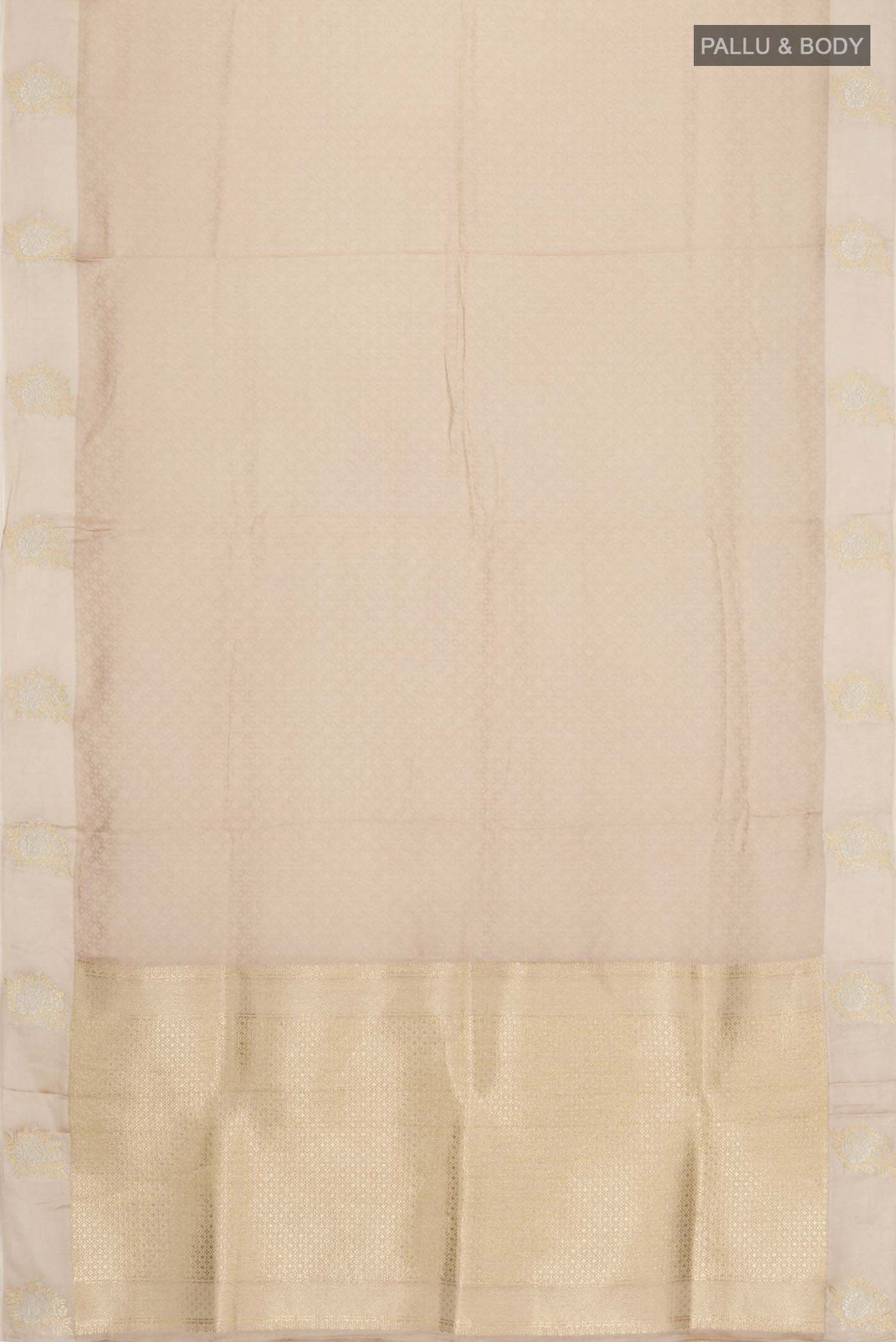 Flat view of Beige Blended Satin Silk Saree with Jacquard design on the body and Satin Border