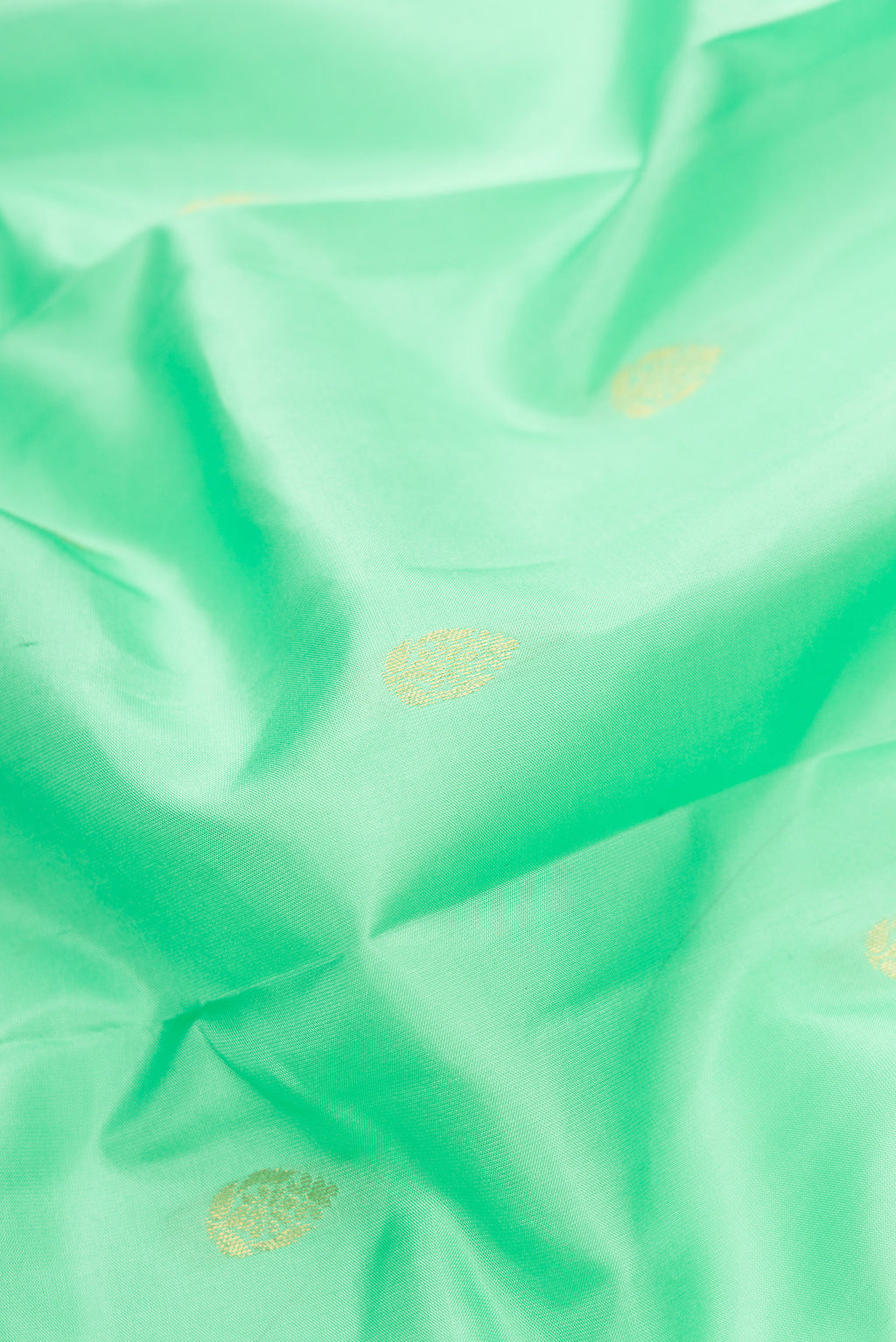 Close up of Pista Green Dual Tone Kanjivaram Silk Saree with Zari Butta on the body and Zari Border.  displaying folds