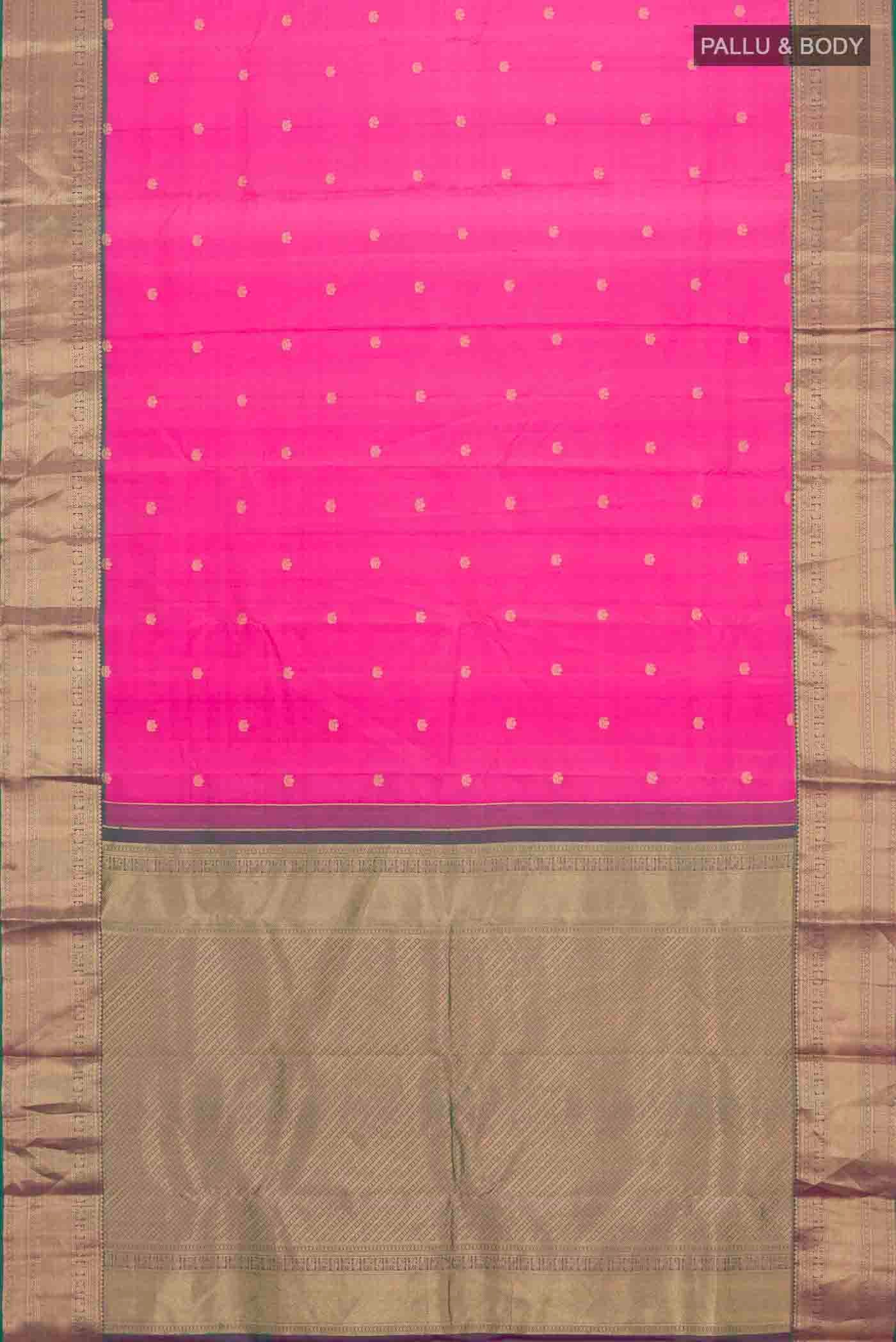 Flat view of Pink Kanchipuram Silk Saree with Zari Butta on the body and Zari Border