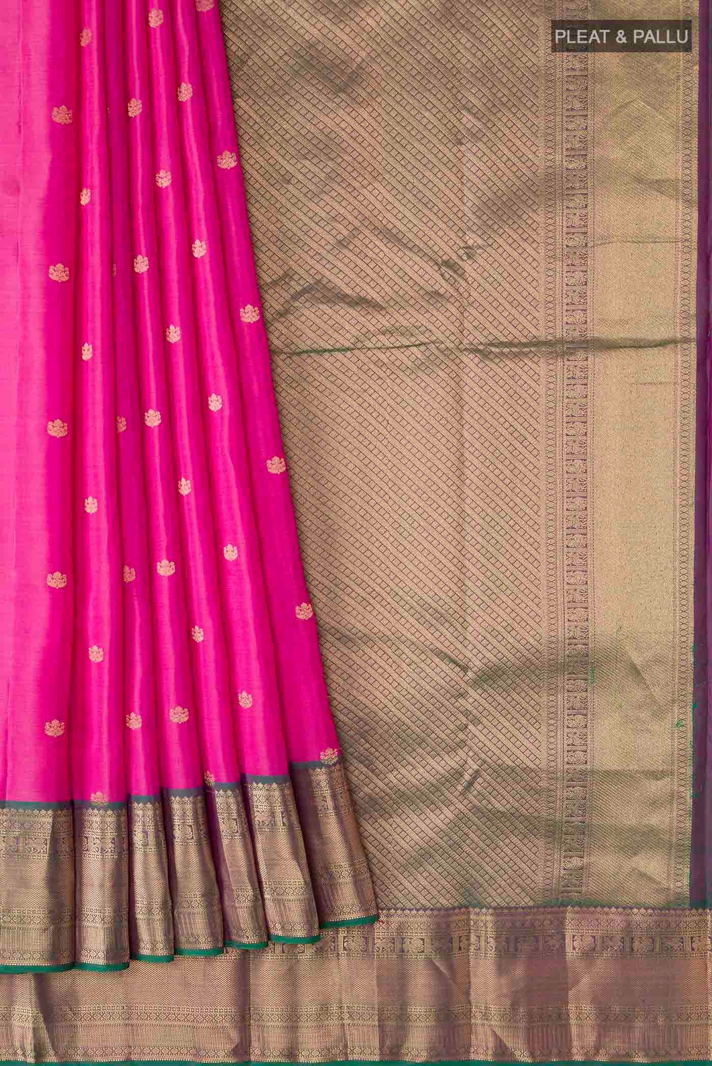 Pleats and pallu of Pink Kanchipuram Silk Saree with Zari Butta on the body and Zari Border