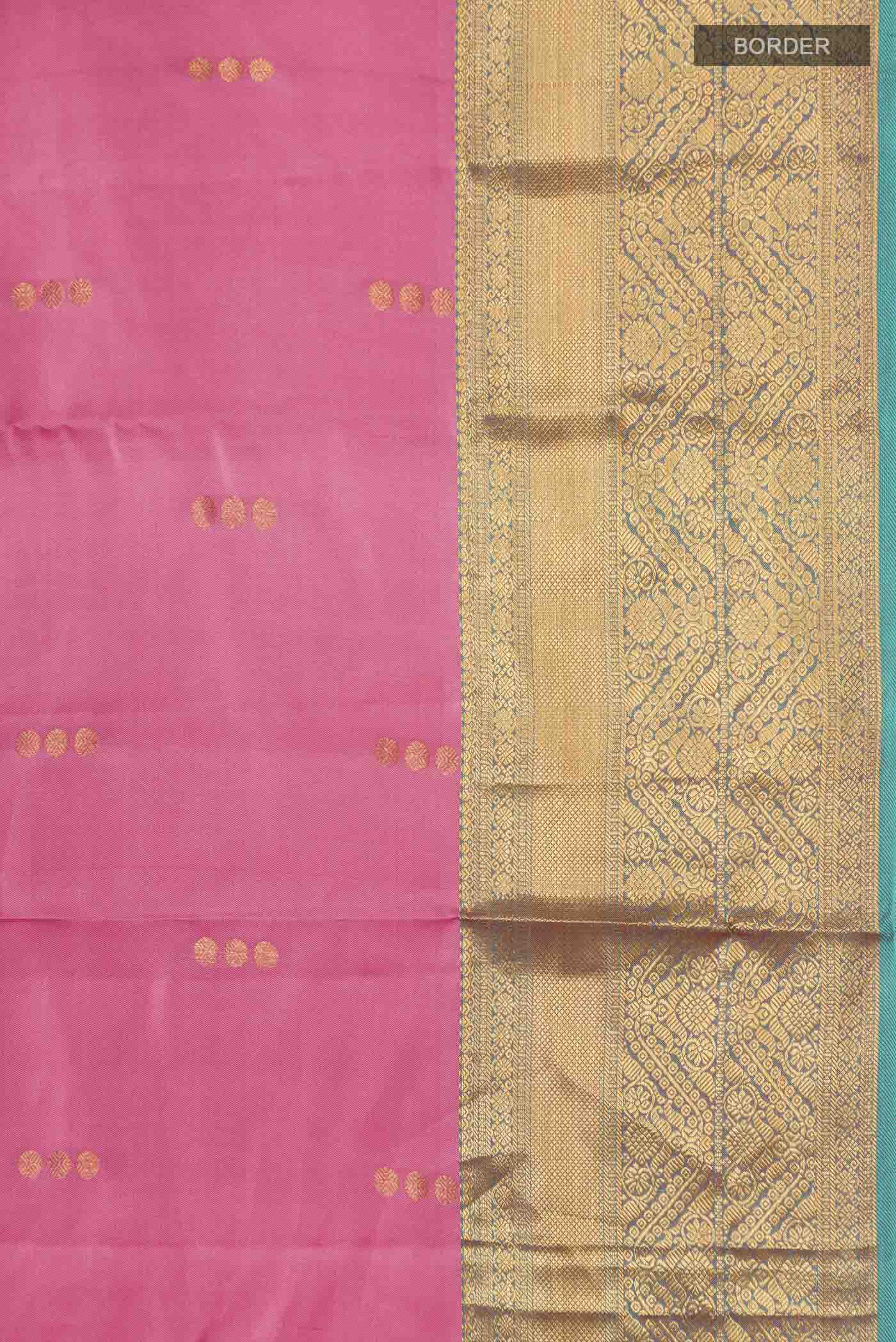 Border image of Pink Kanchipuram Silk Saree with Zari Butta on the body and Zari Border