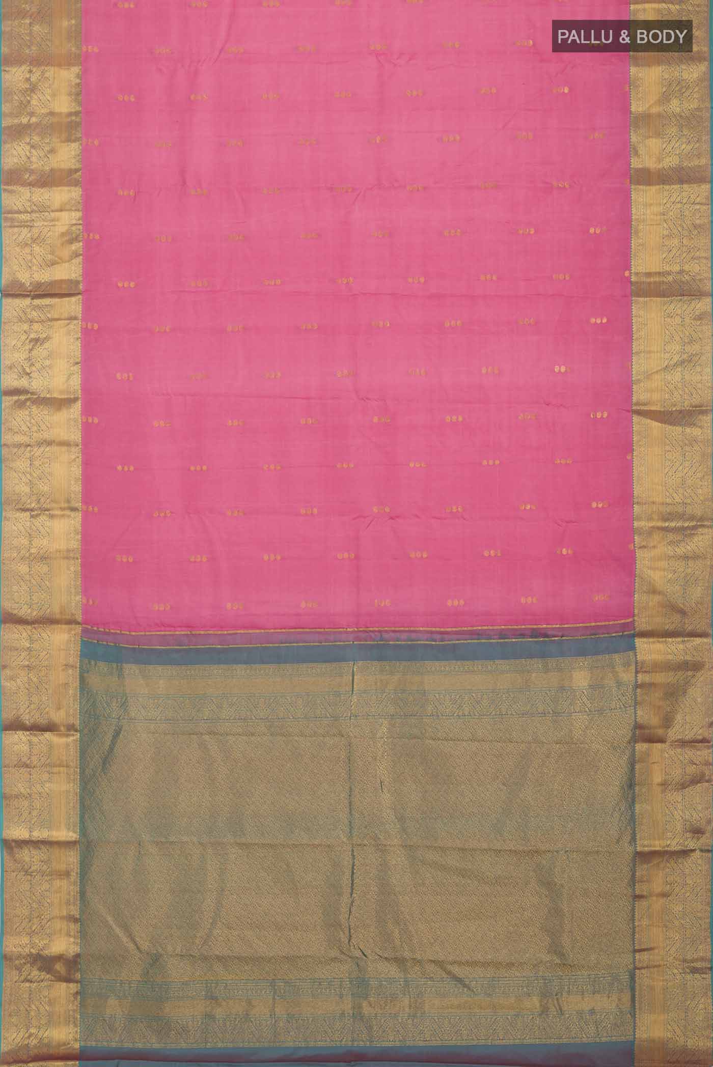 Flat view of Pink Kanchipuram Silk Saree with Zari Butta on the body and Zari Border