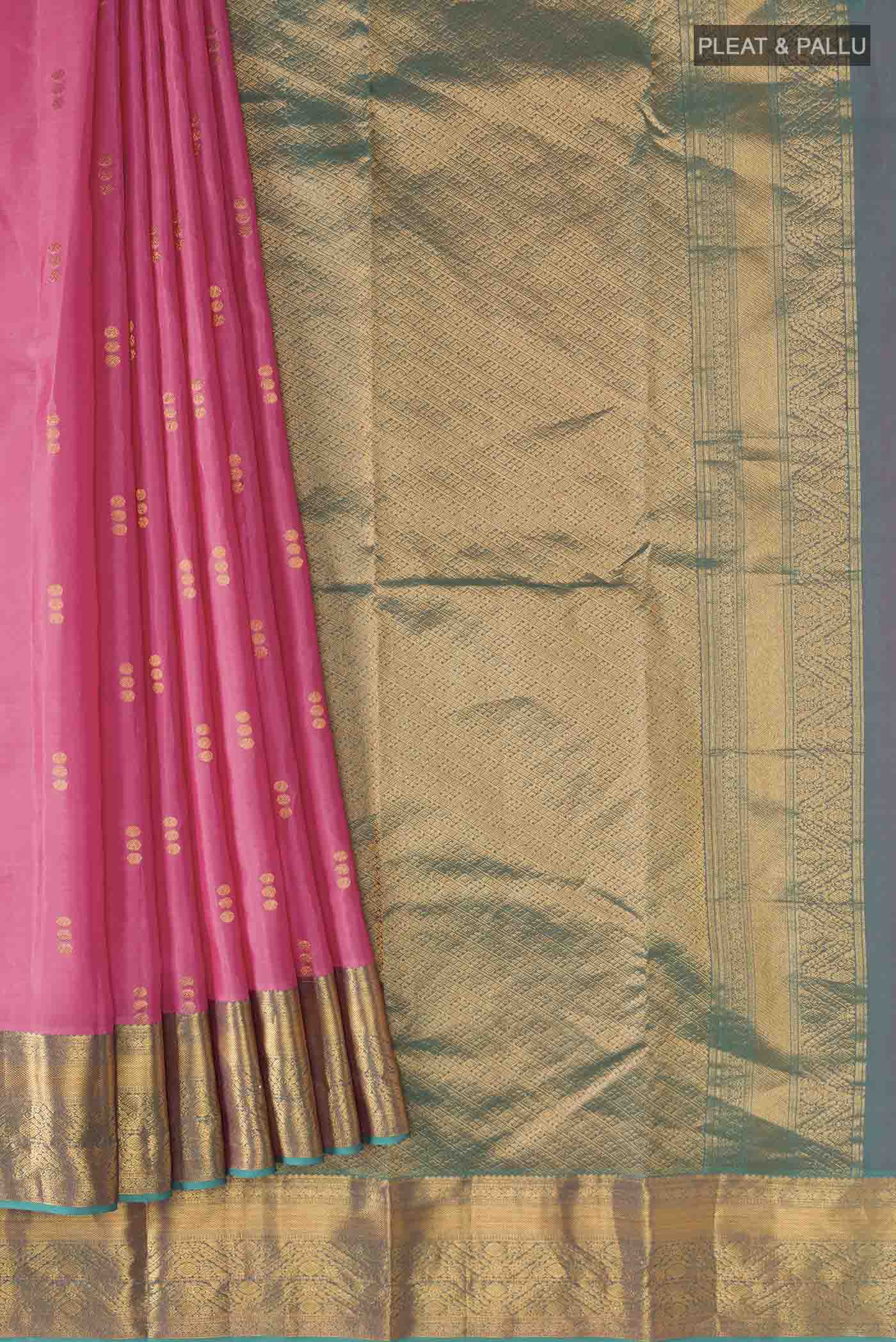 Pleats and pallu of Pink Kanchipuram Silk Saree with Zari Butta on the body and Zari Border